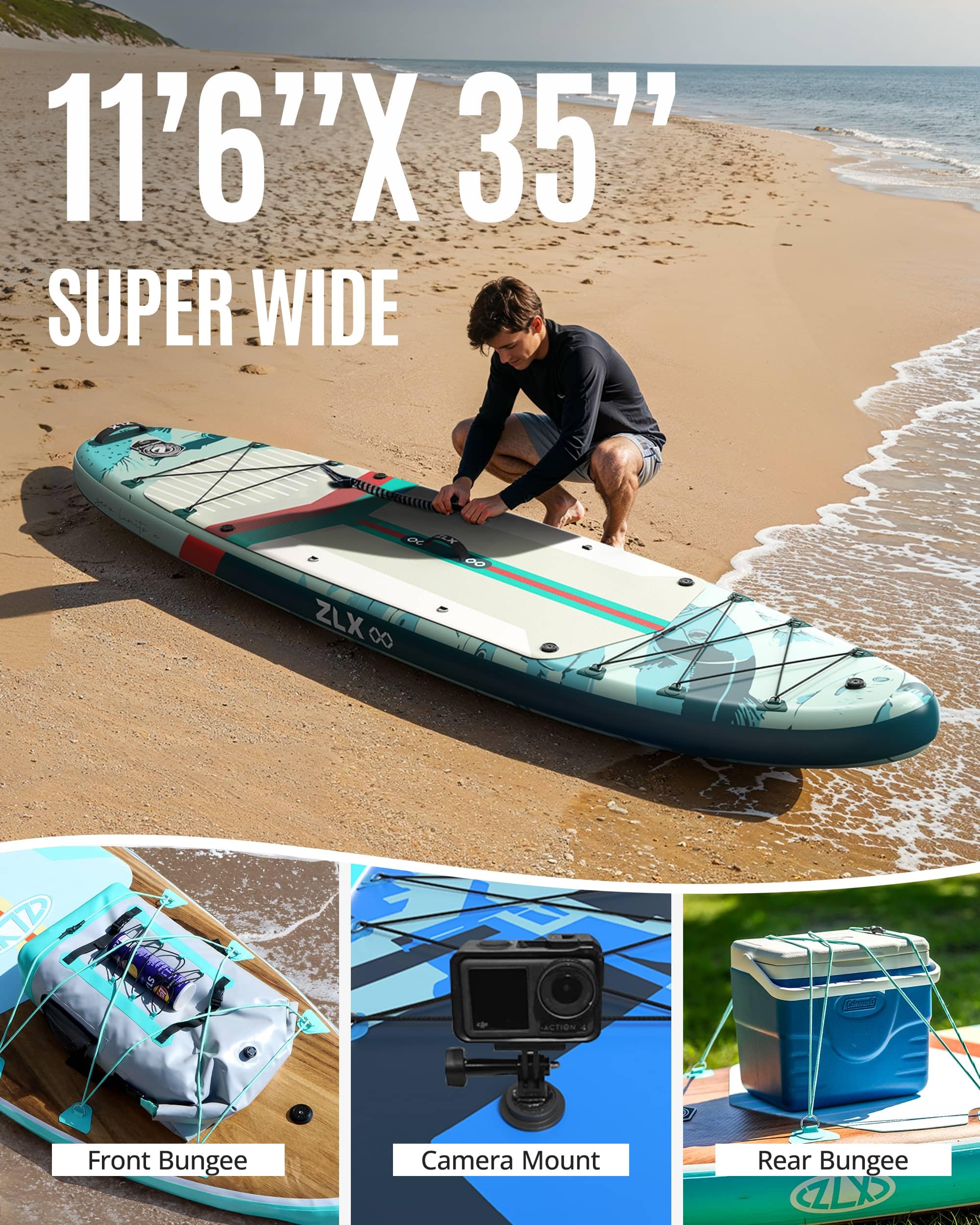 ZLX 11'6"x35" Ultra Wide Inflatable Stand Up Paddle Board | Stable Non-Slip Deck Pad, Unique Fin System, Premium SUP Accessories & Backpack - Upgraded Pump for Adults, All Skill Levels