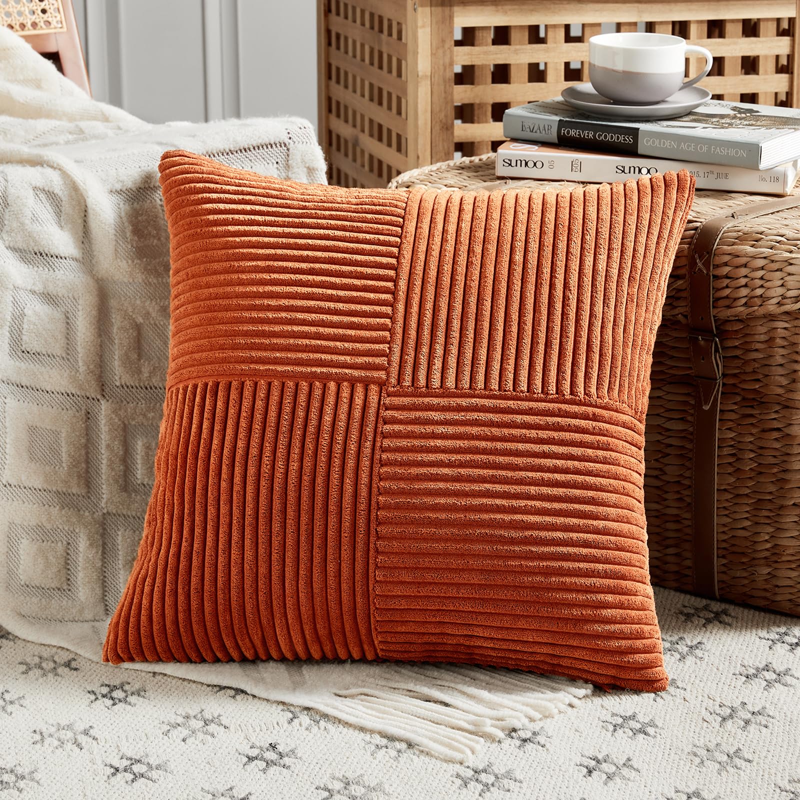 Fancy Homi Olive Green Samll Decorative Throw Pillow Covers 12x12 Inch with for Living Room Couch Bed Sofa, Rustic Farmhouse Boho Home Decor, Soft Corss Patchwork Corduroy Square Cushion Case 30x30 cm