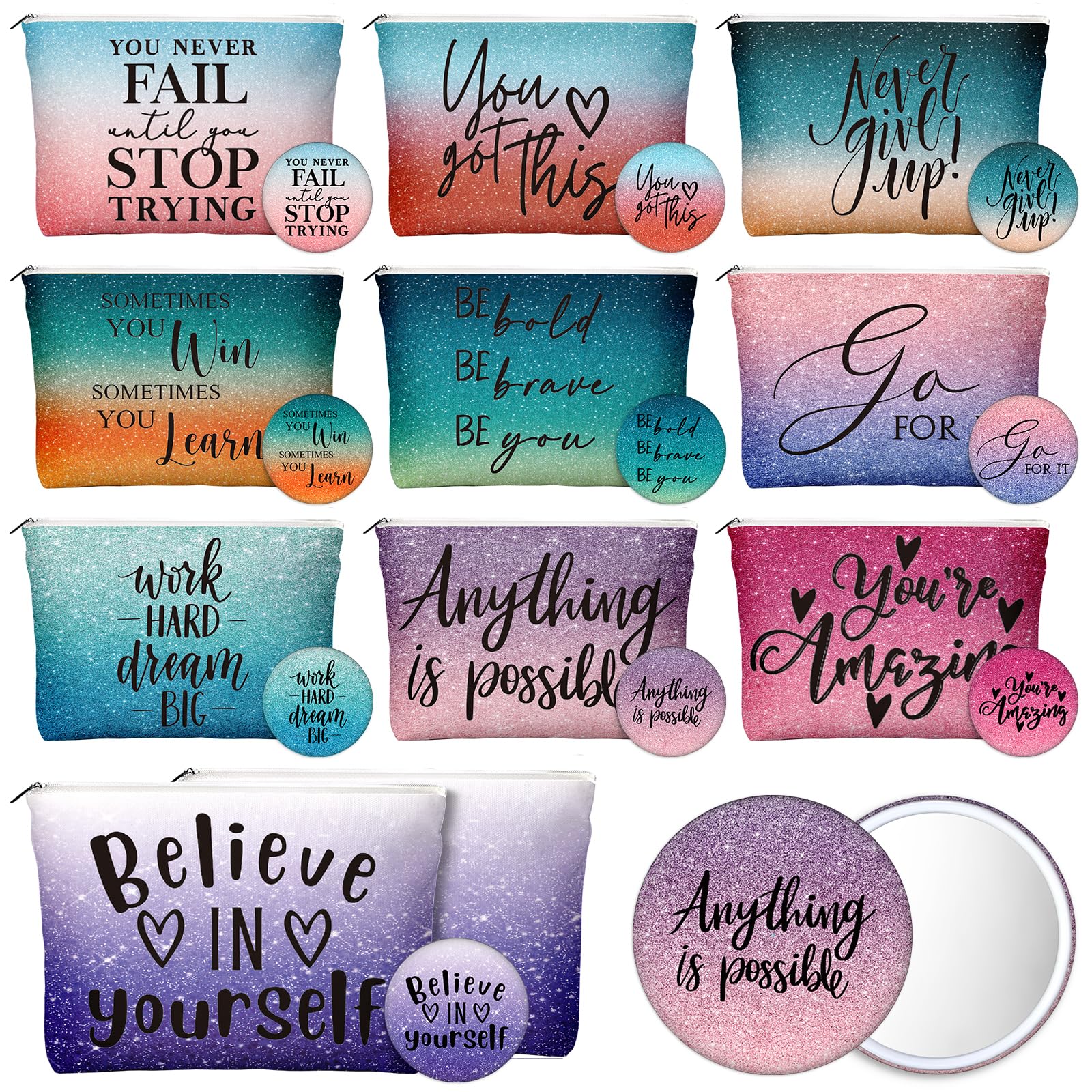 Vercraft 20 Pcs Employee Appreciation Gift for Women Inspirational Canvas Makeup Bag Portable Compact Mirror Bulk Cosmetic Bag Thank You Party Favor for Women Coworker Nurse (Bohemian,Boho)