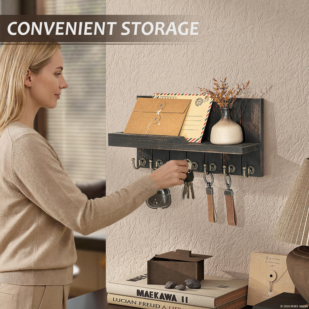 Rebee Vision Acacia Wood Key Holder Wall Mount – Farmhouse Key Holder for Wall & Mail Organizer with Shelf for Home Decor – Ideal for Apartment Essentials (Acacia Wood, 3.54" x 10" x 7.28")