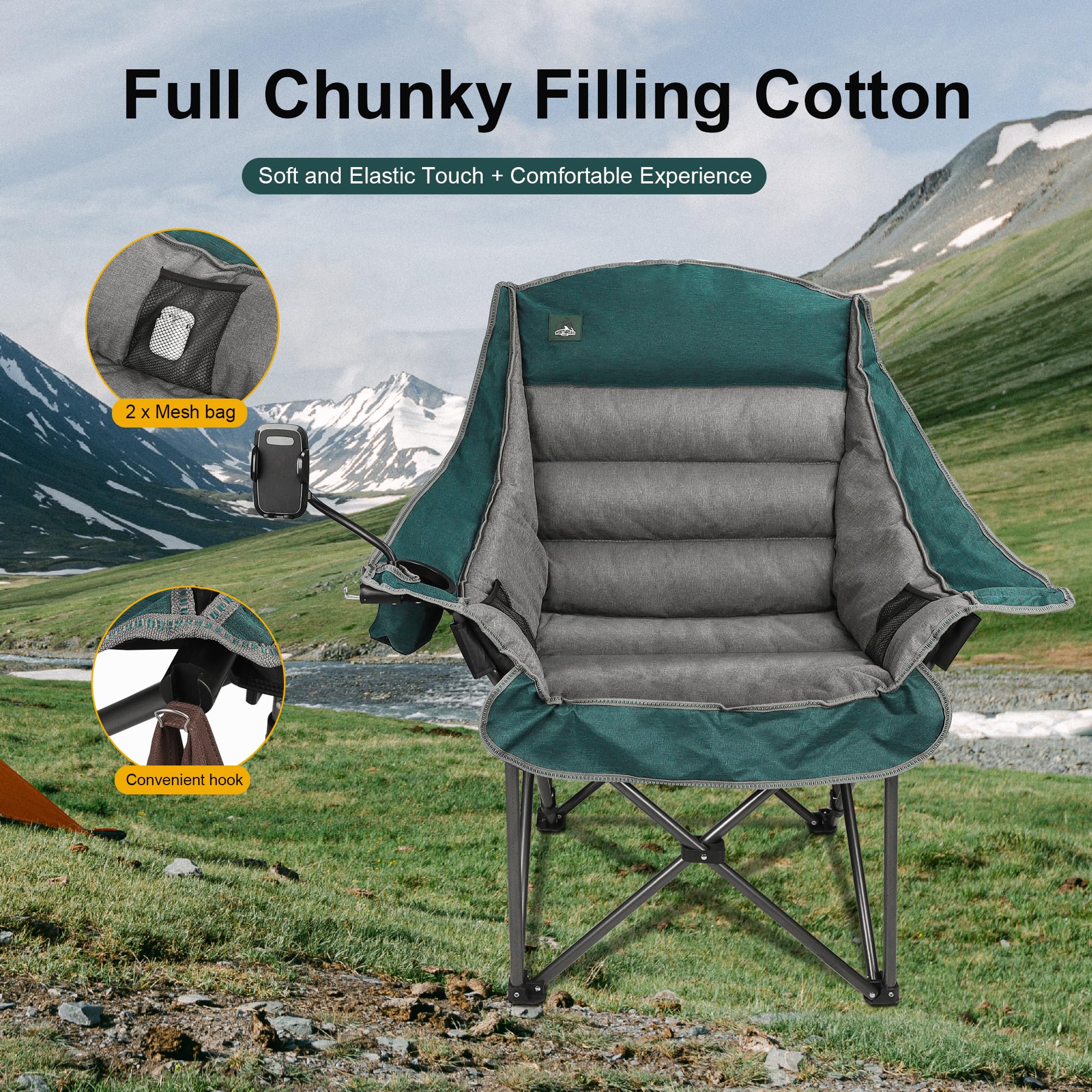 Northroad Oversized XL Padded Camping Chair w/Cell Phone Holder, Large Camp Chair, Foldable Lawn Chair w/Cup Holder,Carry Bag for Outdoor Hiking, Picnics, Heavy-Duty 400-lbs Capacity, Moca