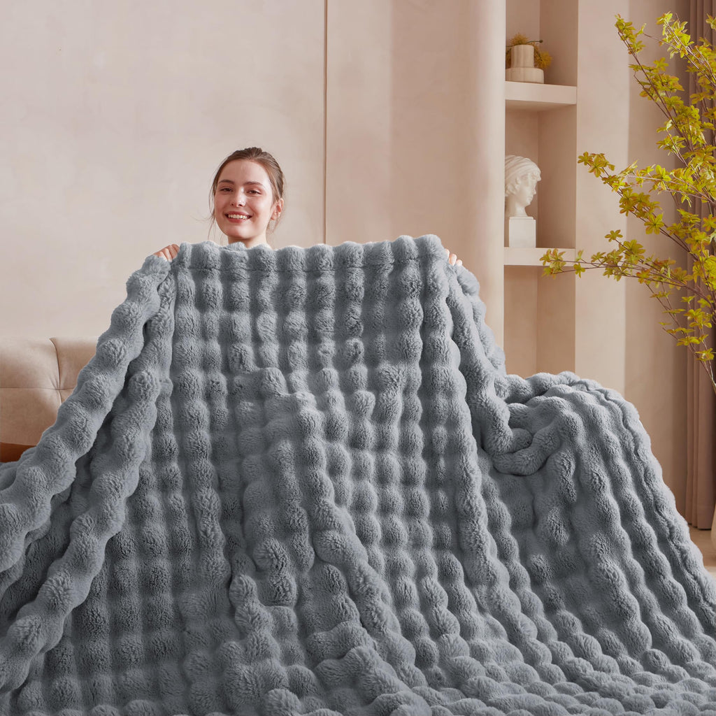 50x60 Inches Ultra-Soft Fuzzy Faux Fur Plush Throw Blanket - Thick, Warm Sherpa for Couch, Sofa, Bedroom, Camping - Decorative Blanket for Cozy Warmth, Bubble Grey