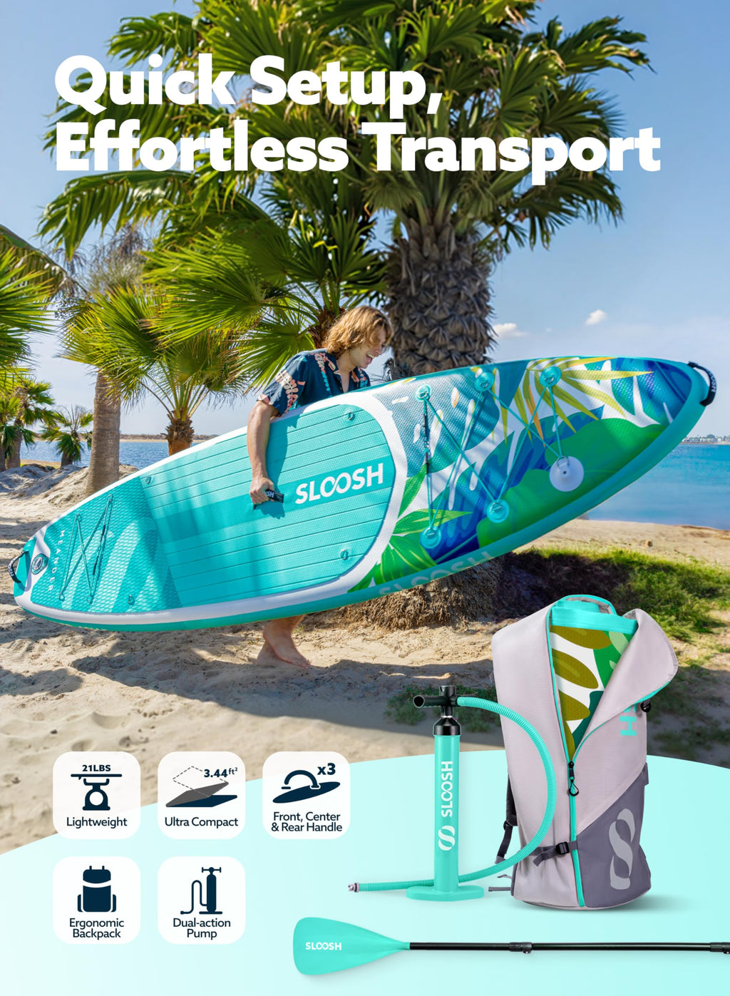 SLOOSH Inflatable Stand Up Paddle Board, 10'6" Inflatable Paddle Boards with Premium Accessories, Non-Slip EVA Deck, Ultra-Light Carry Bag Pump, Meander SUP for Youth & Adults