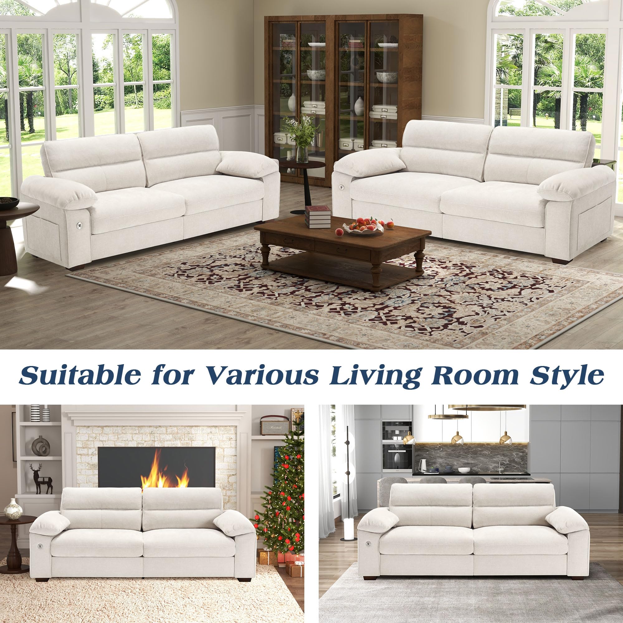 WorthFurni Sofas for Living Room, Chenille Loveseat Couch Set, Small Sofa, 3 Seater Sofa, USB Charging, Removable Sofa Cover,Solid Wood Frame, Easy to Install(70inch,Beige)