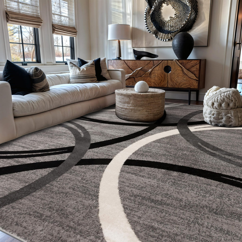 Rugshop Modern Wavy Circles Design Accent Rug, Carpet with Jute Backing for Entryway, Kitchen, or Pet Area, Black, 2' x 3'