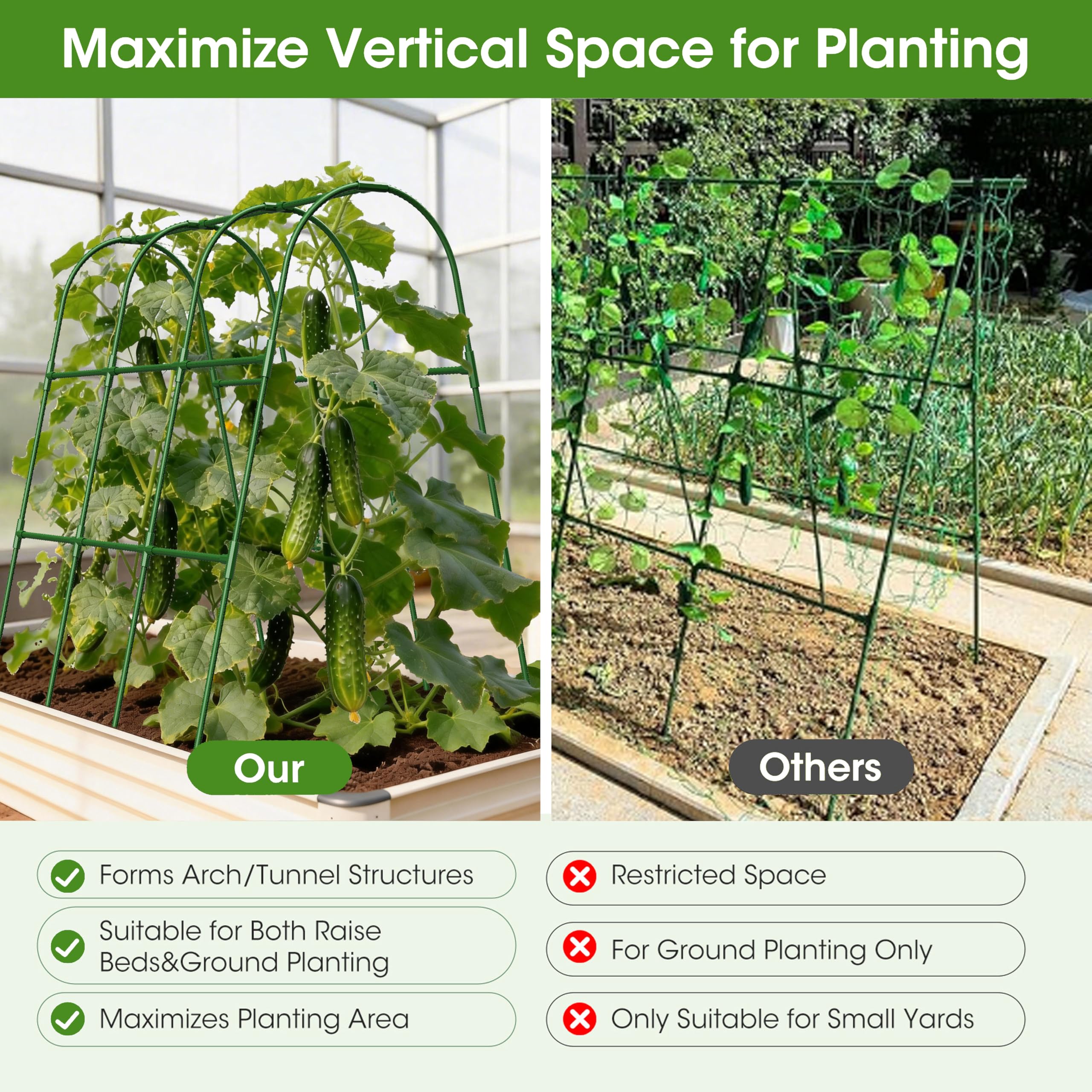Cucumber Trellis for Raised Bed,U-Shape Garden Trellis for Climbing Plants Outdoor, Metal Arch Vegetables Trellis, Plant Support for Vine (Green, 31.5" Lx21.6 Wx47.2 H-Small)