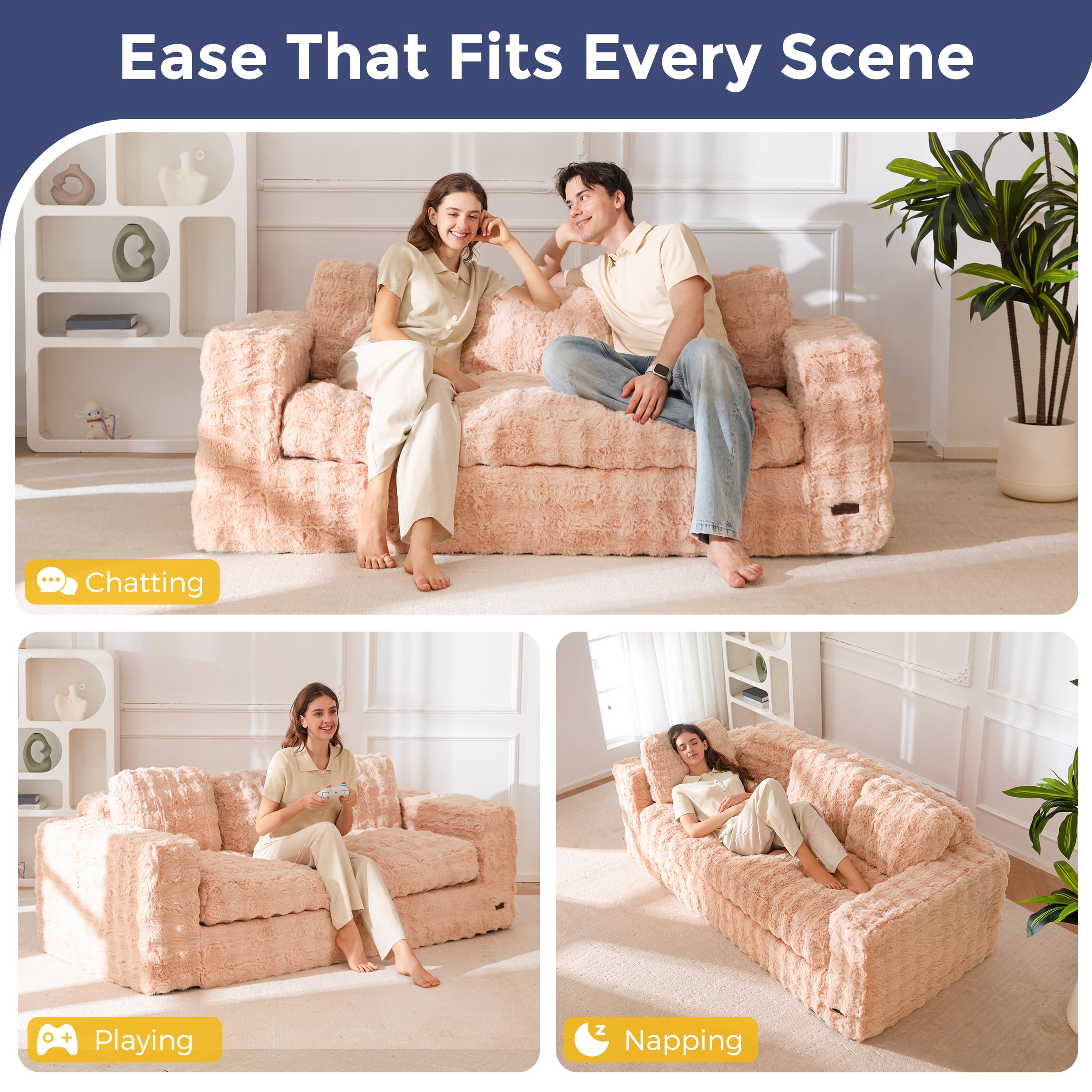 MAXYOYO 3 Seater Sofa Couch for Living Room, Tufted Boneless Couch Sofa Couch, Comfy Bubbled Bean Bag Chair for Apartment, No Assembly Needed, Beige