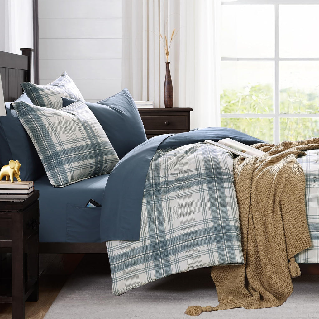 MaiRêve Queen Comforter Set, Classic Plaid Farmhouse Bedding Sets 7 Pieces, Beige All Season Bed in A Bag with Sheets, Pillowcases & Shams