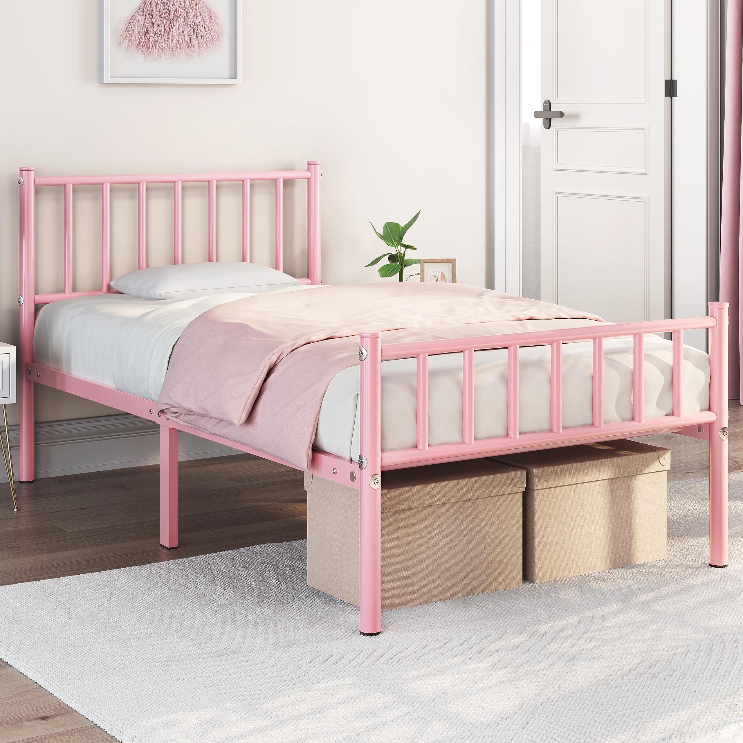 Yaheetech Twin Bed Frame Metal Platform Bed Frame Mattress Foundation with Spindle Headboard & Footboard/No Box Spring Needed/14 Inch Underbed Storage/Firm Support & Easy Set up Structure, Black