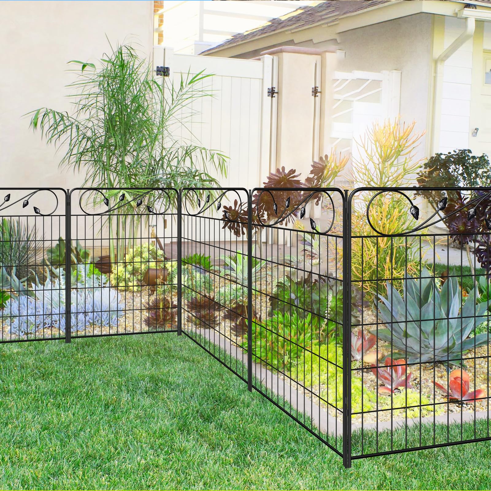 FOREHOGAR Decorative Metal Garden Fence 24in(H) X10ft(L) 5 Panels Leaf Black Rustproof Wire Border Fence for Landscape Patio Flower Bed Garden Fencing Panel Animal Barrier for Dogs