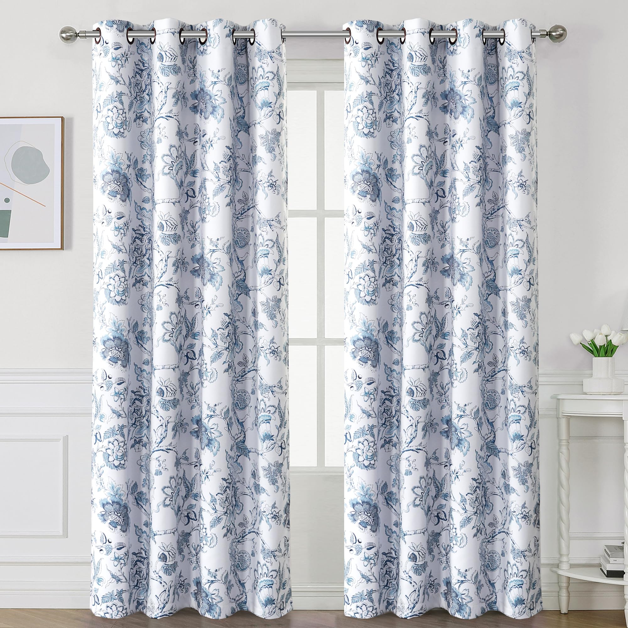H.VERSAILTEX Blackout Curtains 63 Inch Length 2 Panels Set Floral Print Curtain Drapes for Living Room Thermal Insulated Grommet Window Curtains for Bedroom - Traditional Floral in Antique Green