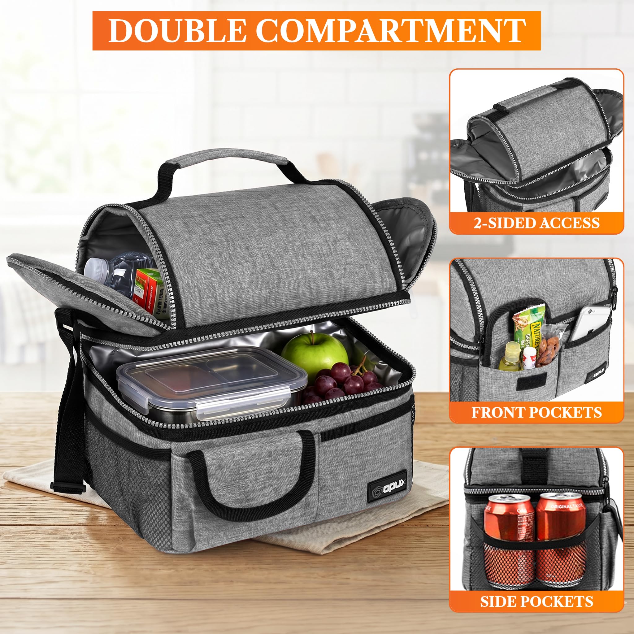 opux Insulated Lunch Bag Women Men, Dual Compartment Leakproof Lunch Box Adults Kids, Double Decker Meal Prep Bento Lunch Cooler Tote with Shoulder Strap for Work Office School Travel, Black