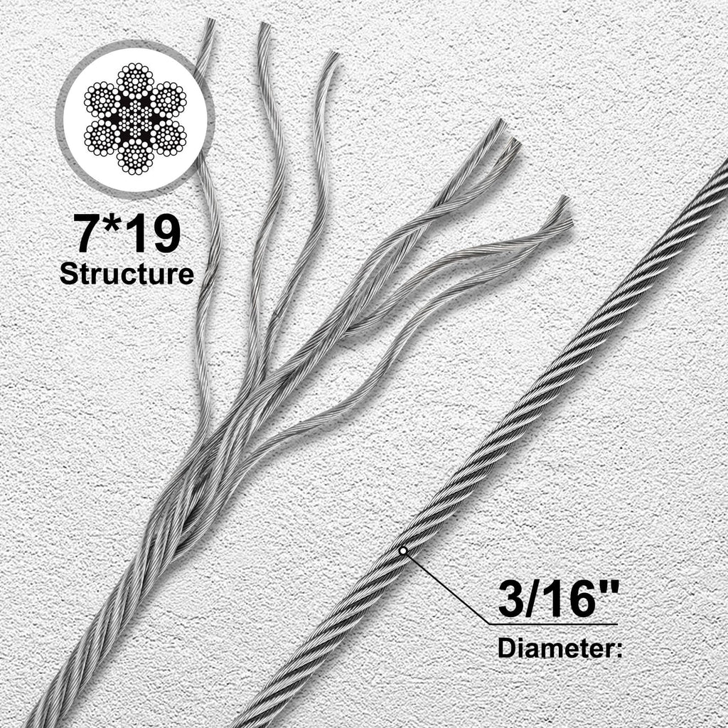 Thickened 3/16" 25ft Stainless Steel Cable with Wire Rope Clip, Thimble and Aluminum Crimping Loop Sleeve, 7X19 Strands Aircraft Cable, 3700lbs Breaking Strength for Deck Railing, String Lights