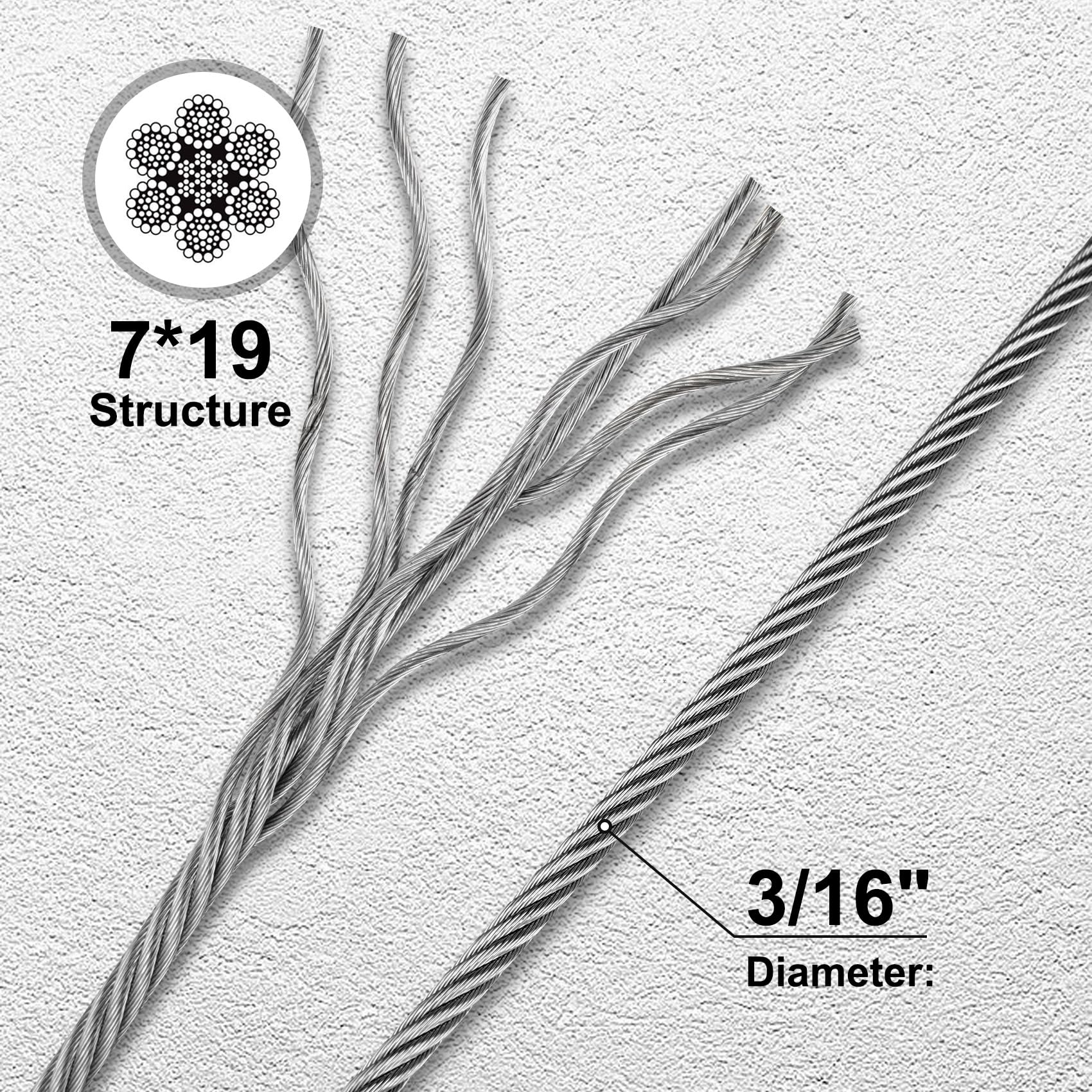 Thickened 3/16" 25ft Stainless Steel Cable with Wire Rope Clip, Thimble and Aluminum Crimping Loop Sleeve, 7X19 Strands Aircraft Cable, 3700lbs Breaking Strength for Deck Railing, String Lights