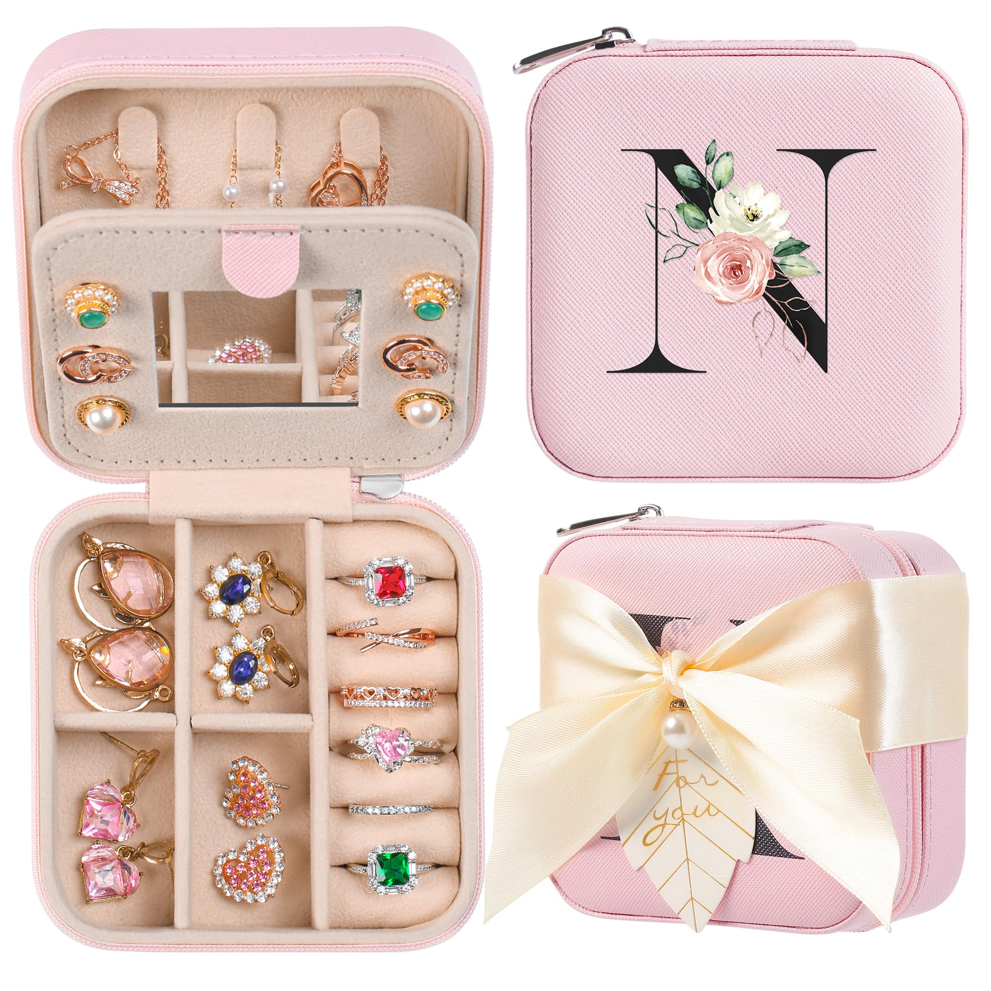 AYGXU Travel Jewelry Box for Women and Girls - Small Case With Initial A-Z - Teacher Gifts