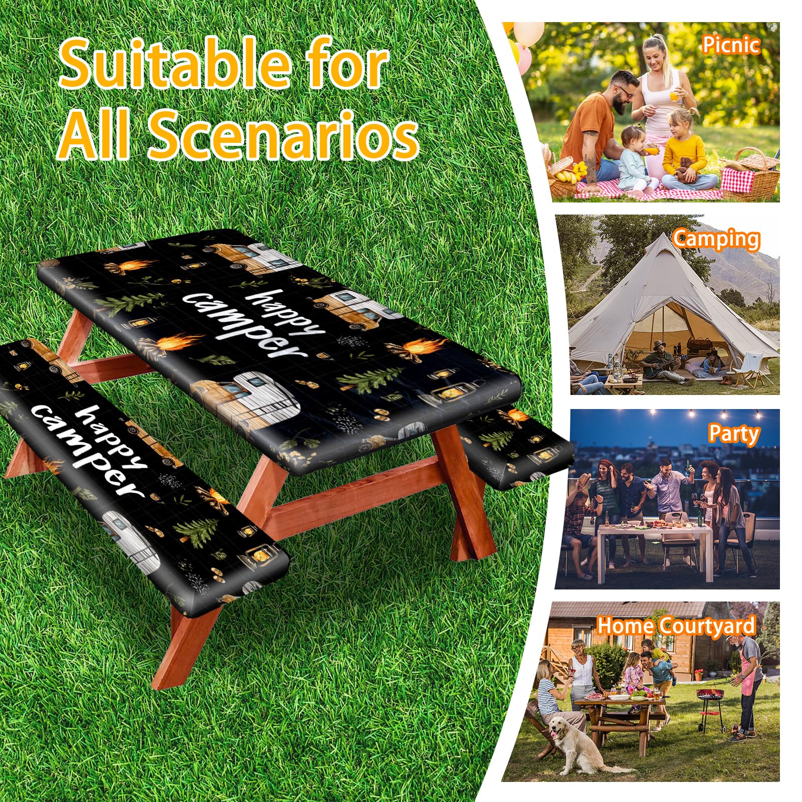 Park Picnic Table Cover with Bench Covers Lightweight Camping Essentials, Oil-Proof Waterproof 3PCS Tablecloth with Elastic, Fitted for Table 6FT Rectangle and Seats, American Flag Eagle (72x30in)