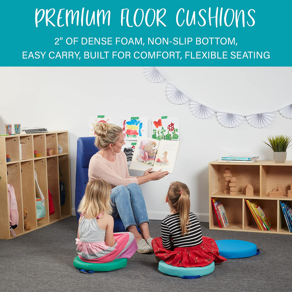 Factory Direct Partners SoftScape 15 inch Square Classroom Floor Cushions with Handles; Flexible Seating for Daycare, Preschool, Playroom; 2 inch Thick Deluxe Foam (6-Piece) - Assorted, 12228-AS