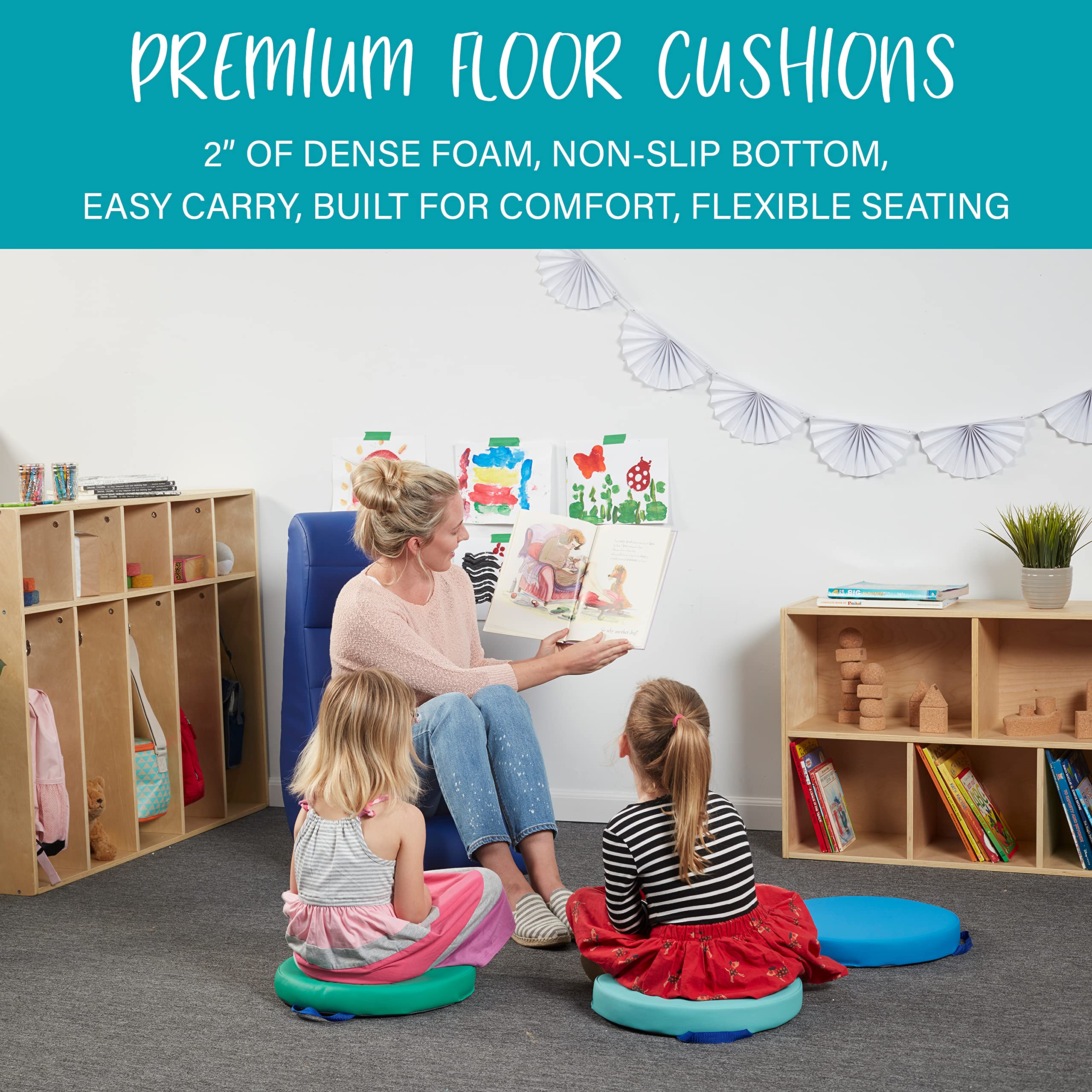 Factory Direct Partners SoftScape 15 inch Square Classroom Floor Cushions with Handles; Flexible Seating for Daycare, Preschool, Playroom; 2 inch Thick Deluxe Foam (6-Piece) - Assorted, 12228-AS
