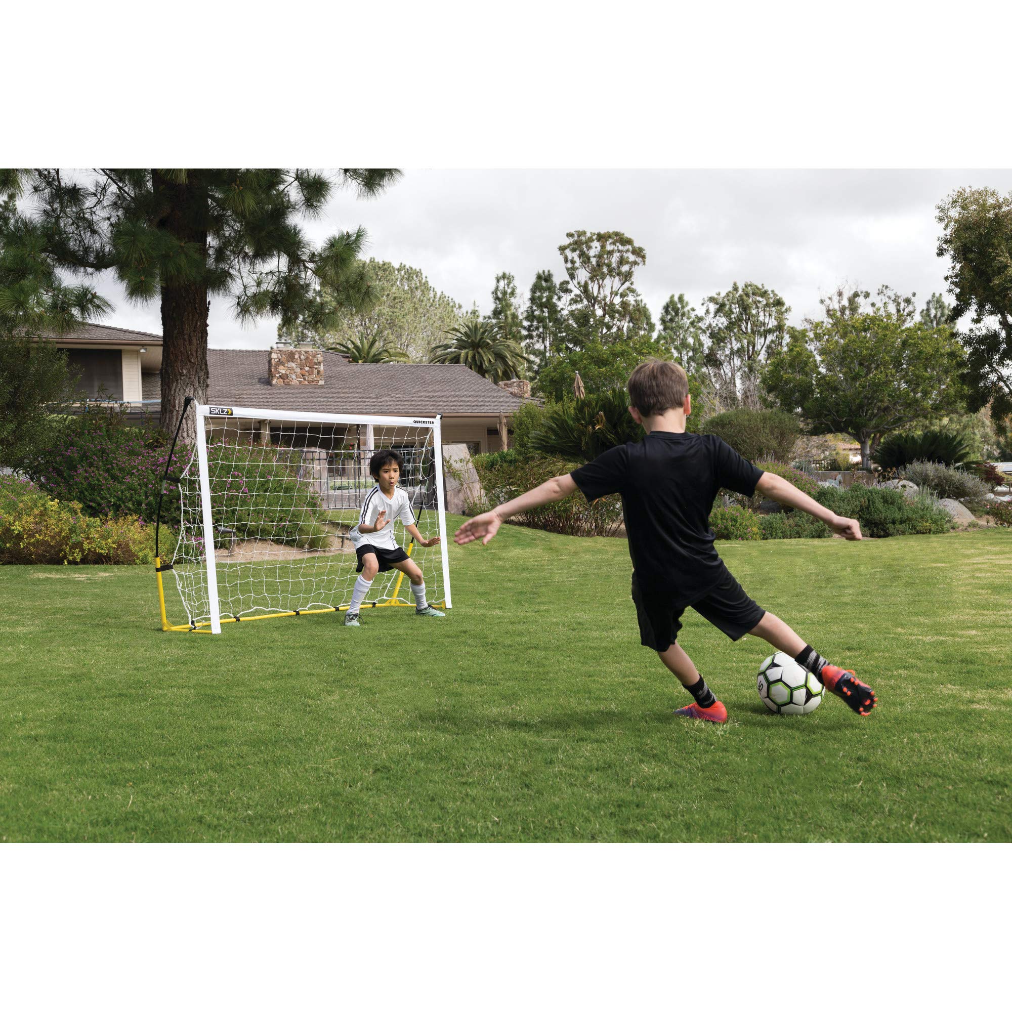 SKLZ Quickster Soccer Goal - Portable Goal for Backyard & Field - Durable Tension-Tite Frame & Heavy Gauge 2-Ply Net - Adjustable Click-Lock Poles, Metal Stakes - Carrying Case with Handle