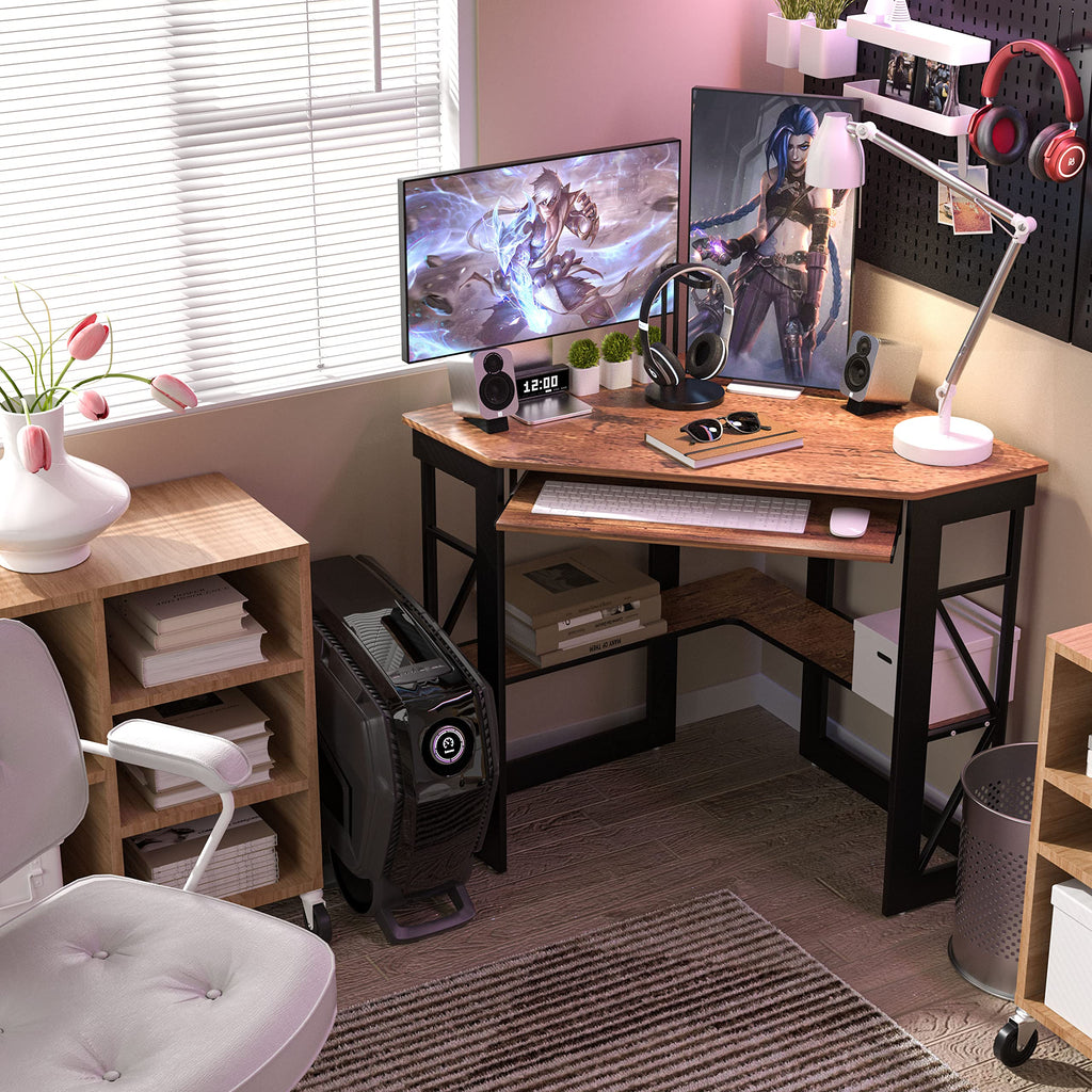 VECELO Corner Desk Computer Desk Writing Table with Smooth Keyboard Tray & Storage Shelves,Compact Home Office Triangle Table,Antique Brown