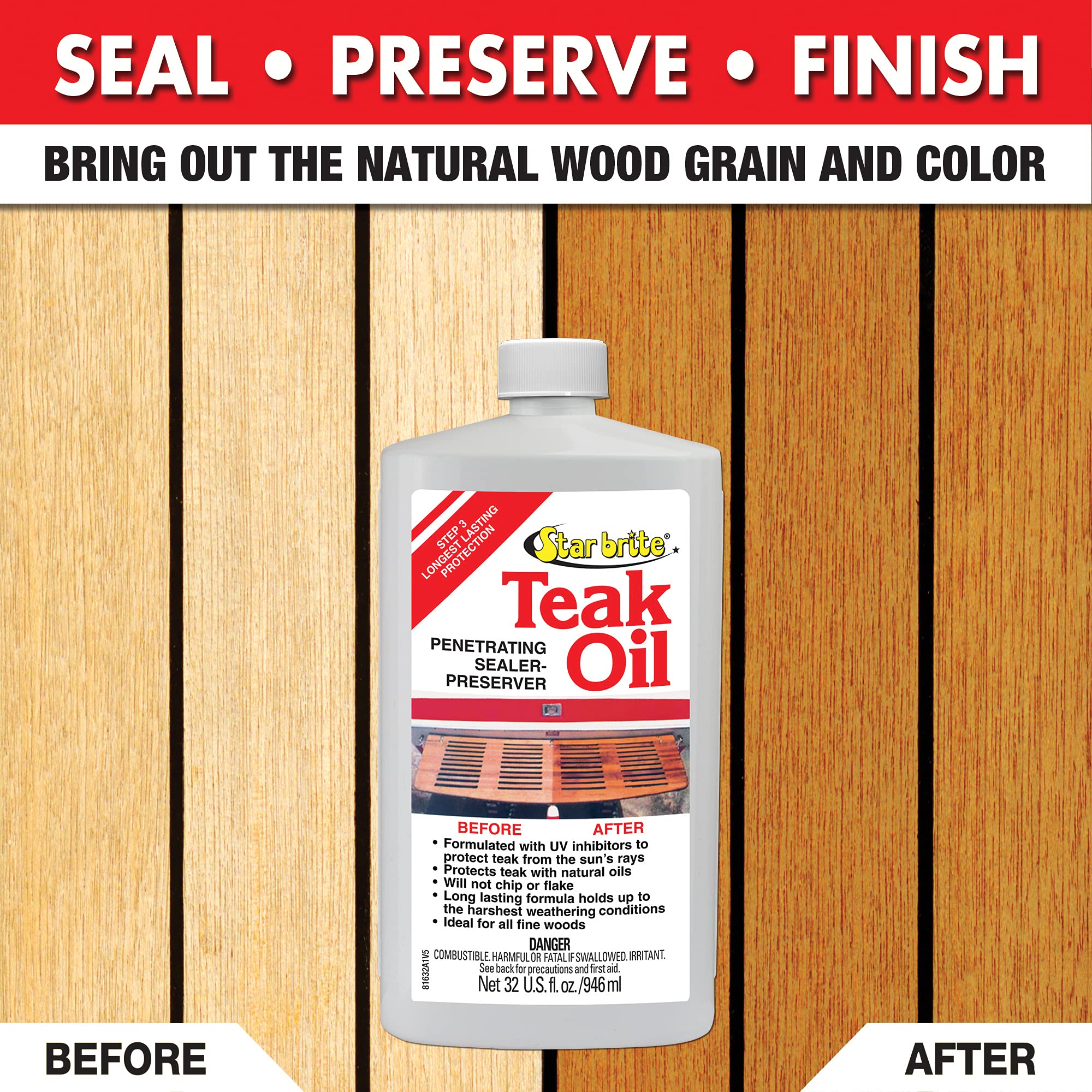 STAR BRITE Marine Grade Teak Oil - Long-Lasting, UV-Resistant Wood Sealer & Preserver With UV Protection for Boats, Outdoor Furniture & All Fine Wood