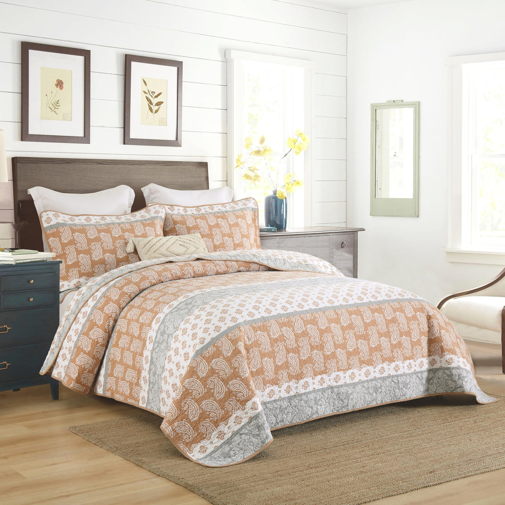 Yellow Quilts Queen Size, Paisley Comforter Set Queen Cotton Bed, Yellow Grey White Comforter, Striped Bedding Queen Size, Lightweight Luxury Bedspread,3 Piece