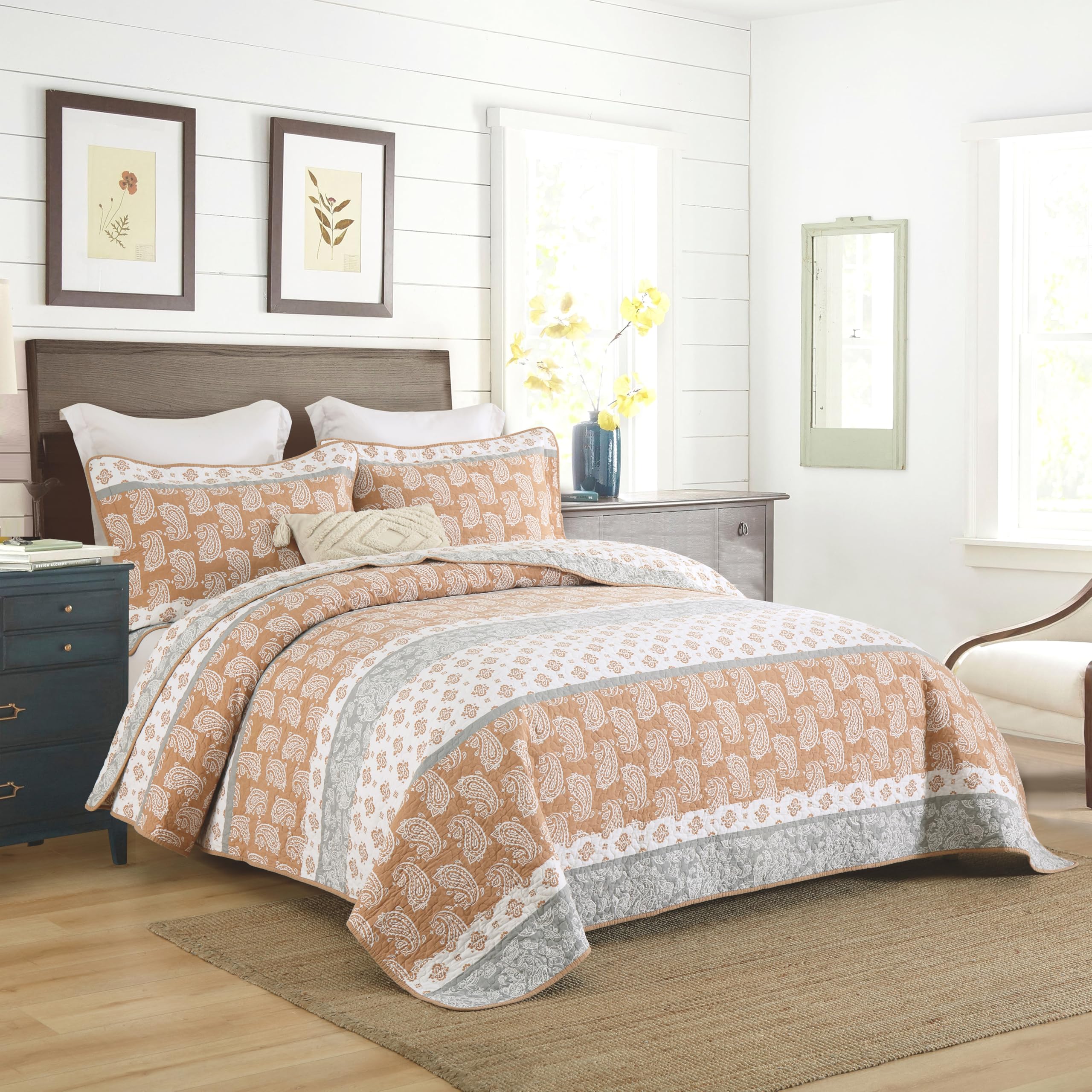 Yellow Quilts Queen Size, Paisley Comforter Set Queen Cotton Bed, Yellow Grey White Comforter, Striped Bedding Queen Size, Lightweight Luxury Bedspread,3 Piece