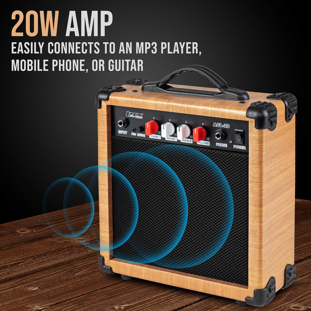 LyxPro Electric Guitar Amp 20 Watt Amplifier Built in Speaker Headphone Jack and Aux Input Includes Gain Bass Treble Volume and Grind - Black