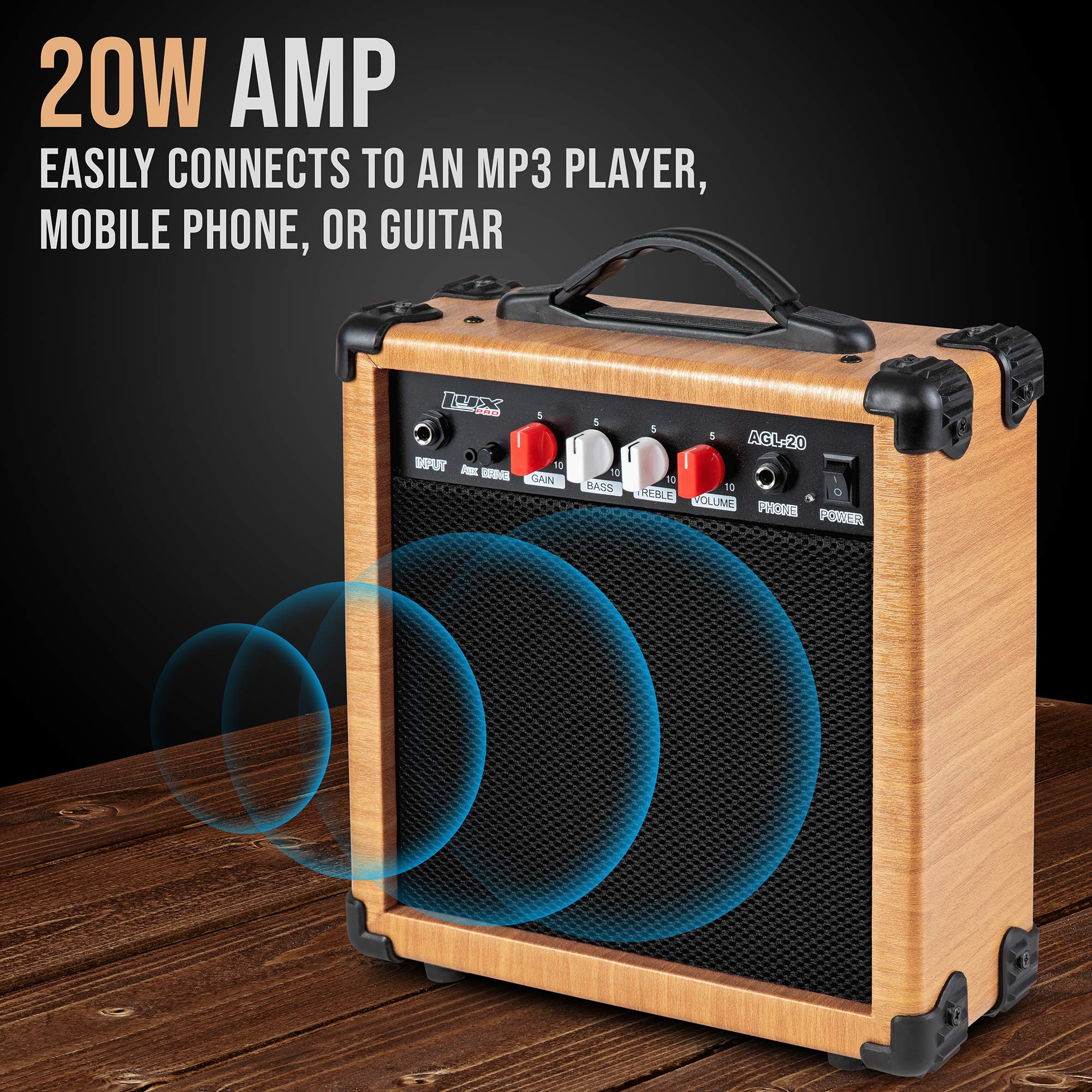 LyxPro Electric Guitar Amp 20 Watt Amplifier Built in Speaker Headphone Jack and Aux Input Includes Gain Bass Treble Volume and Grind - Black