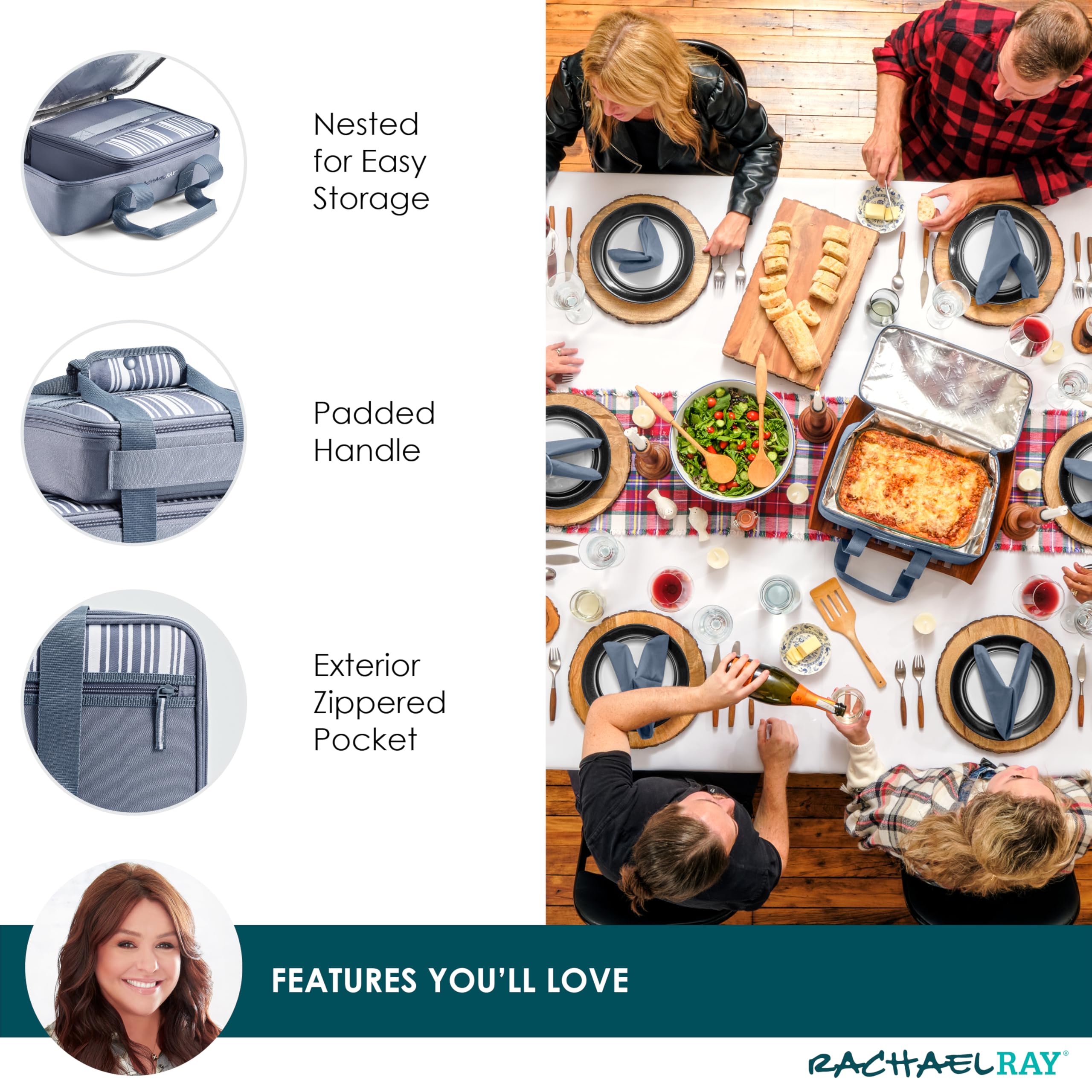 Rachael Ray Lugger Duo, Insulated Casserole Carrier for Hot or Cold Food, Thermal Lasanga Lugger Tote for Pockluck, Parties, Picnic, and Cookouts, Fits 9" x 13" Baking Dish, Burgundy