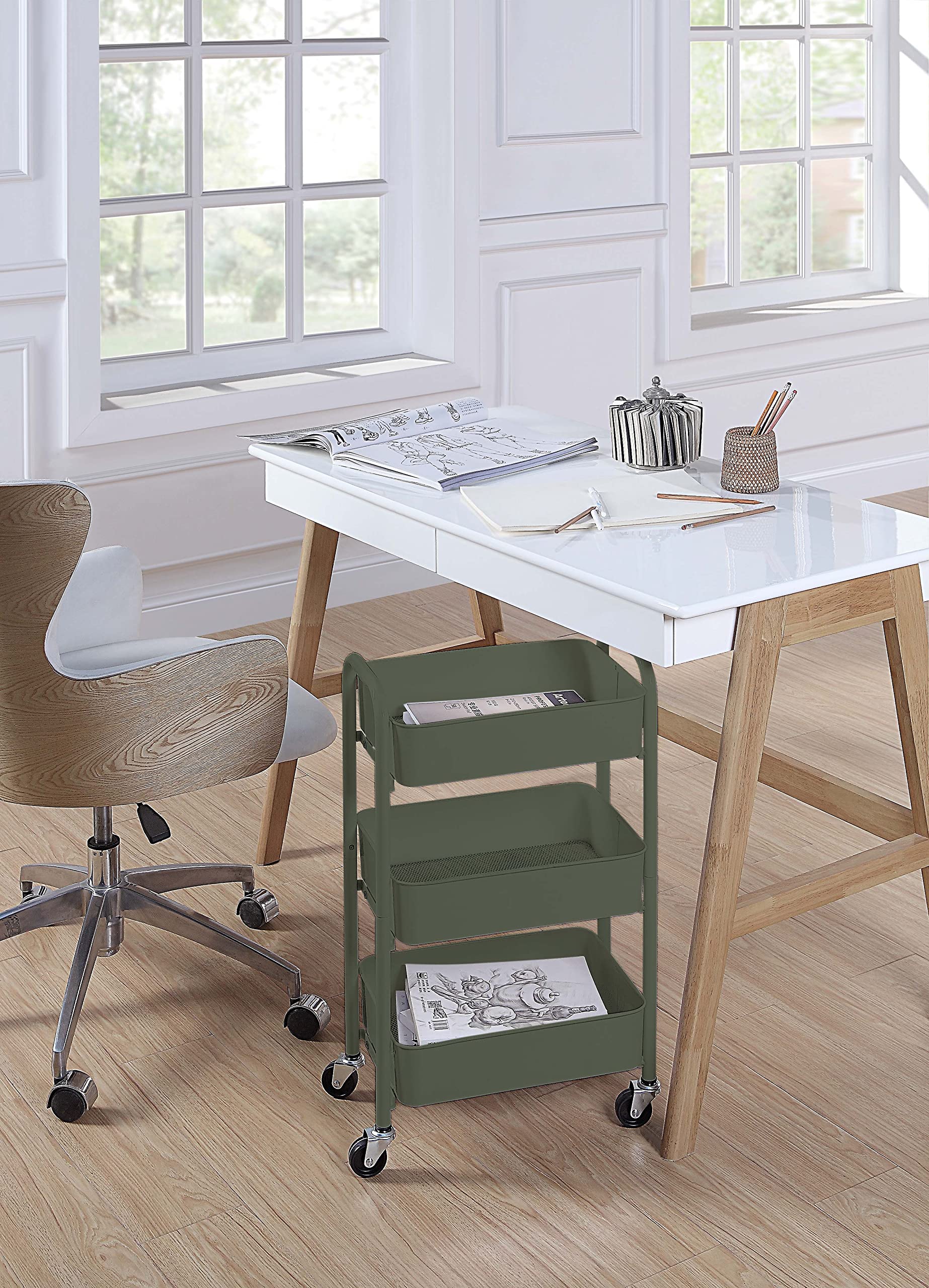 SunnyPoint 3-Tier Delicate Compact Rolling Metal Storage Organizer - Mobile Utility Cart Kitchen/Under Desk Cart with Caster Wheels - Army (15.35" X 10.24" X 26.8"H)