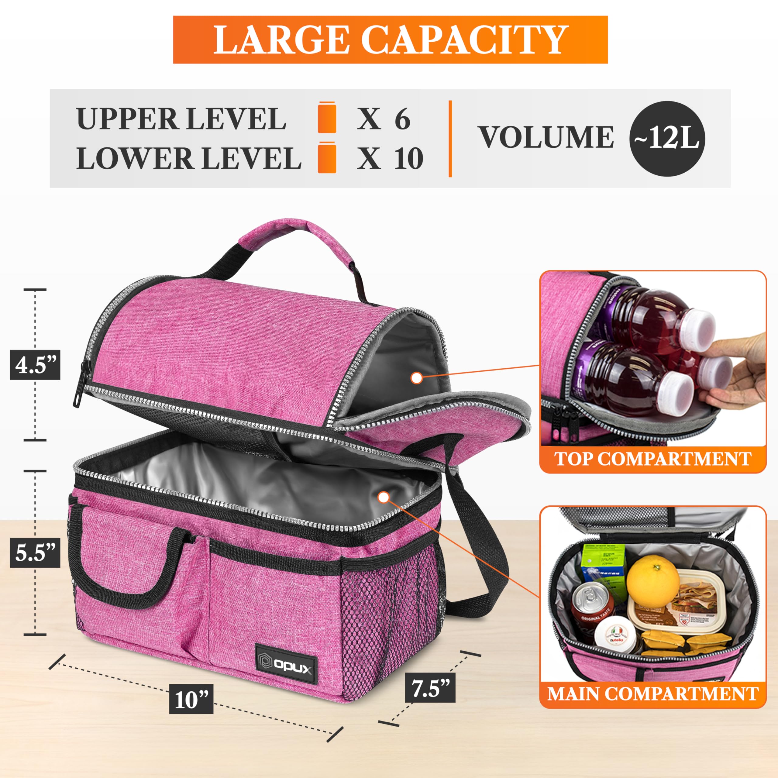 opux Insulated Lunch Bag Women Men, Dual Compartment Leakproof Lunch Box Adults Kids, Double Decker Meal Prep Bento Lunch Cooler Tote with Shoulder Strap for Work Office School Travel, Black