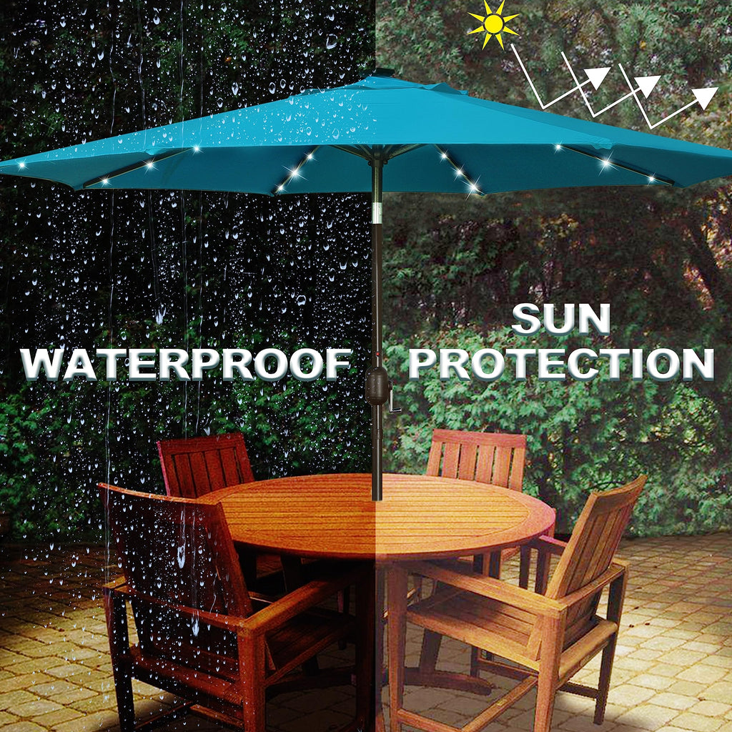 Blissun 9 ft Solar Umbrella, 32 LED Lighted Patio Umbrella, Table Market Umbrella, Outdoor Umbrella for Garden, Deck, Backyard, Pool and Beach (Light Blue)