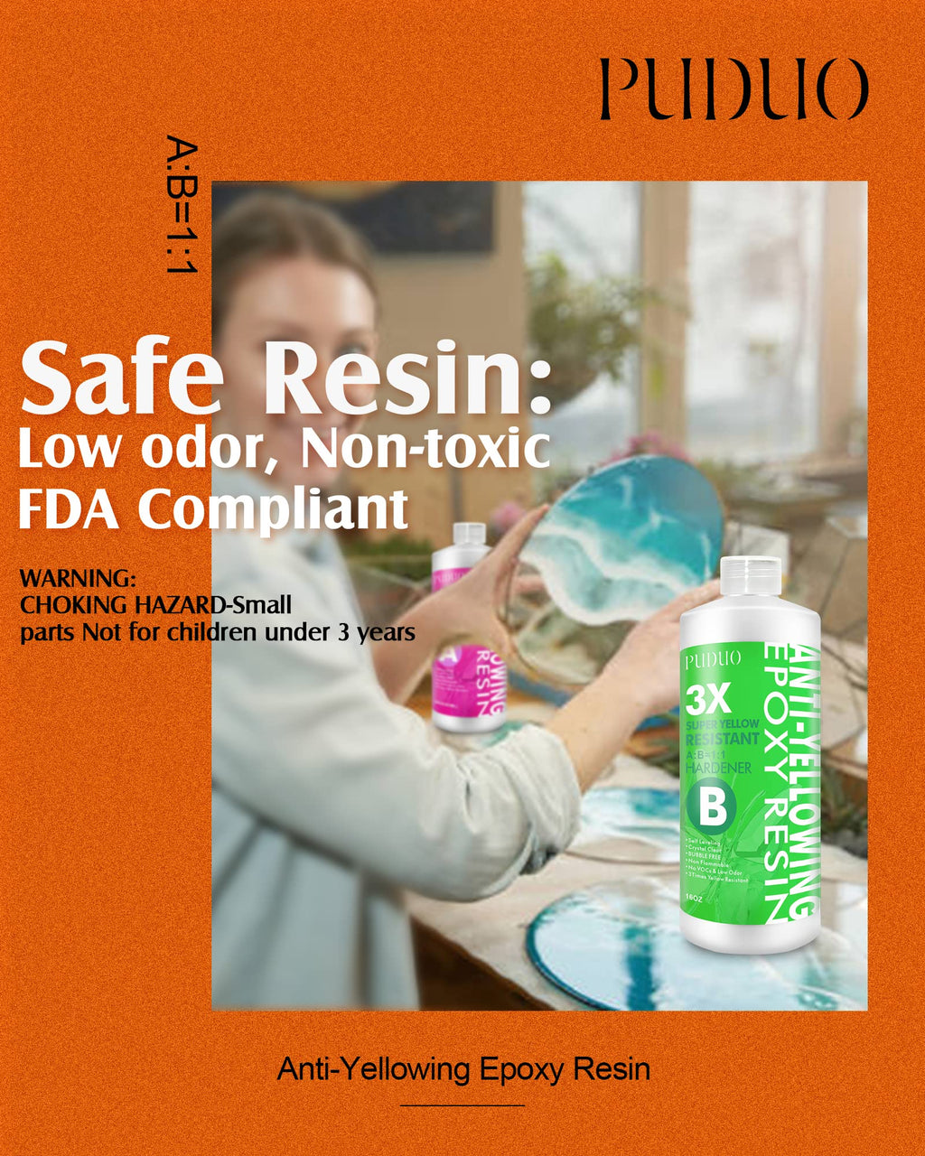 Puduo Epoxy Resin Kit 1.1Gallon，Newly Formulated Crystal Clear Epoxy Resin，Strong, Bubble-Free, Anti-Yellowing Art Resin that，Suitable for Casting, DIY, Resin Art, Molds, Easy to Mix 1:1 Ratio