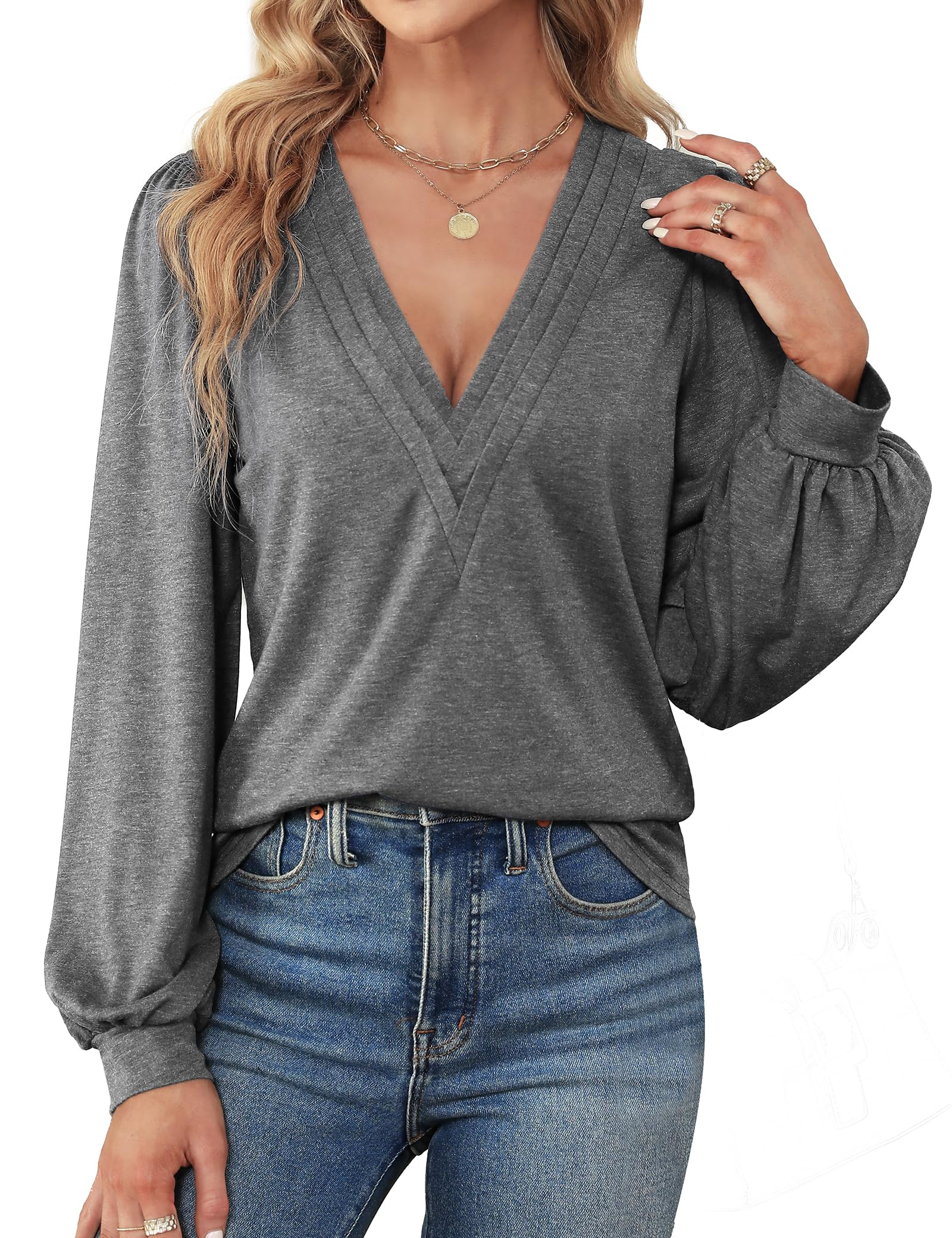 Agnes Urban Womens V Neck Long Sleeve Tops Dressy Casual Fall Shirts Puff Sleeve Loose Tunic Trendy Tops Blouses