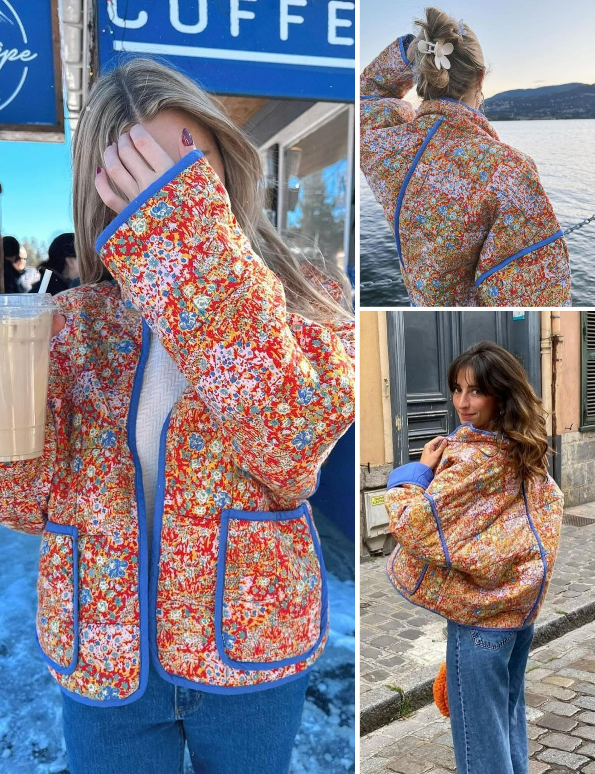 Omoone Women's Cropped Quilted Jacket Floral Printed LightWeight Padded Puffer Cardigan Coat Outwear