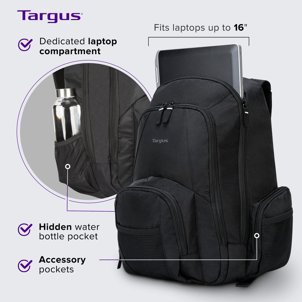 Targus 16 Inch Groove Laptop Backpack, Black - Fits Most Laptops up to 16", Water Resistant Travel Backpack for Business Commuters and Travel (CVR600)