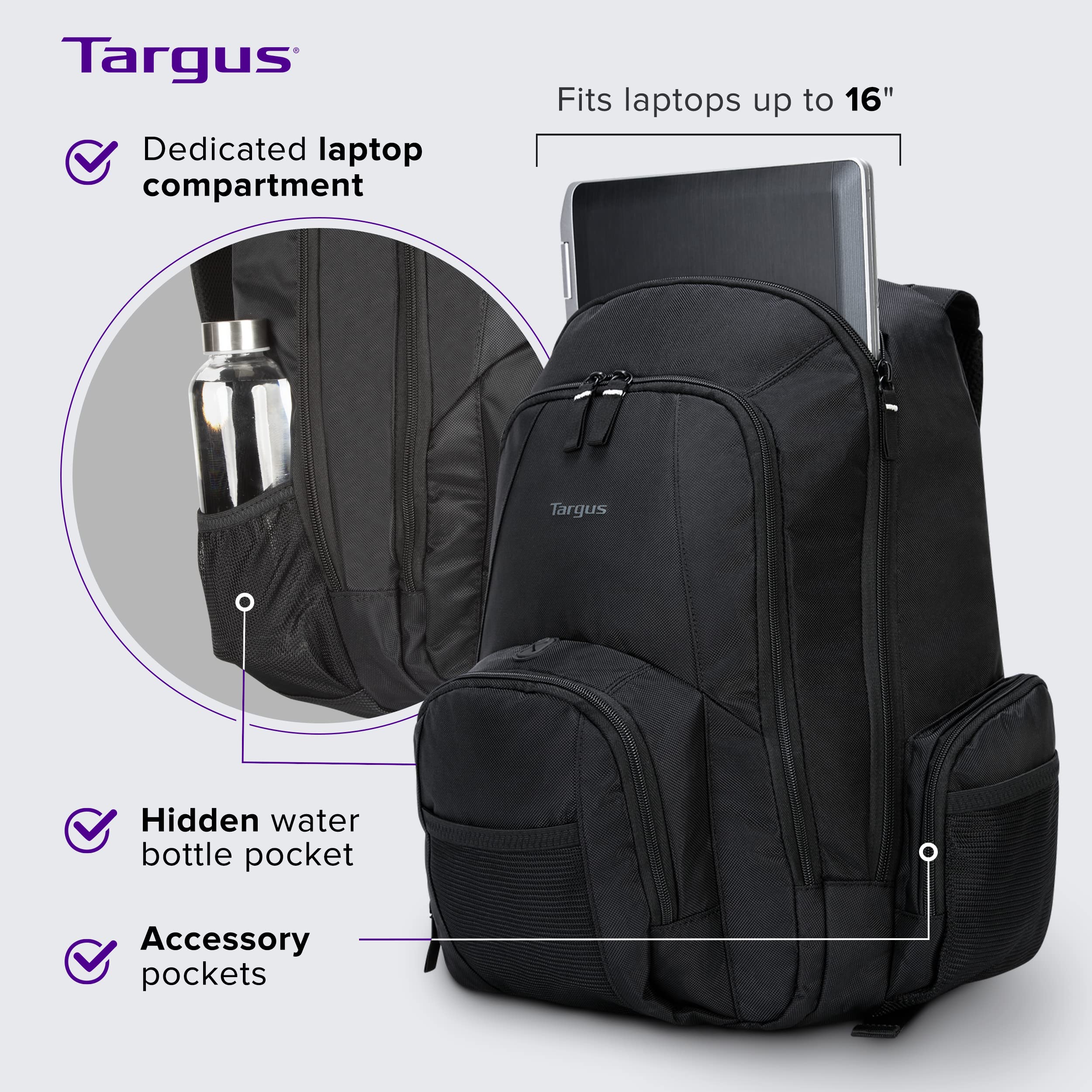 Targus 16 Inch Groove Laptop Backpack, Black - Fits Most Laptops up to 16", Water Resistant Travel Backpack for Business Commuters and Travel (CVR600)