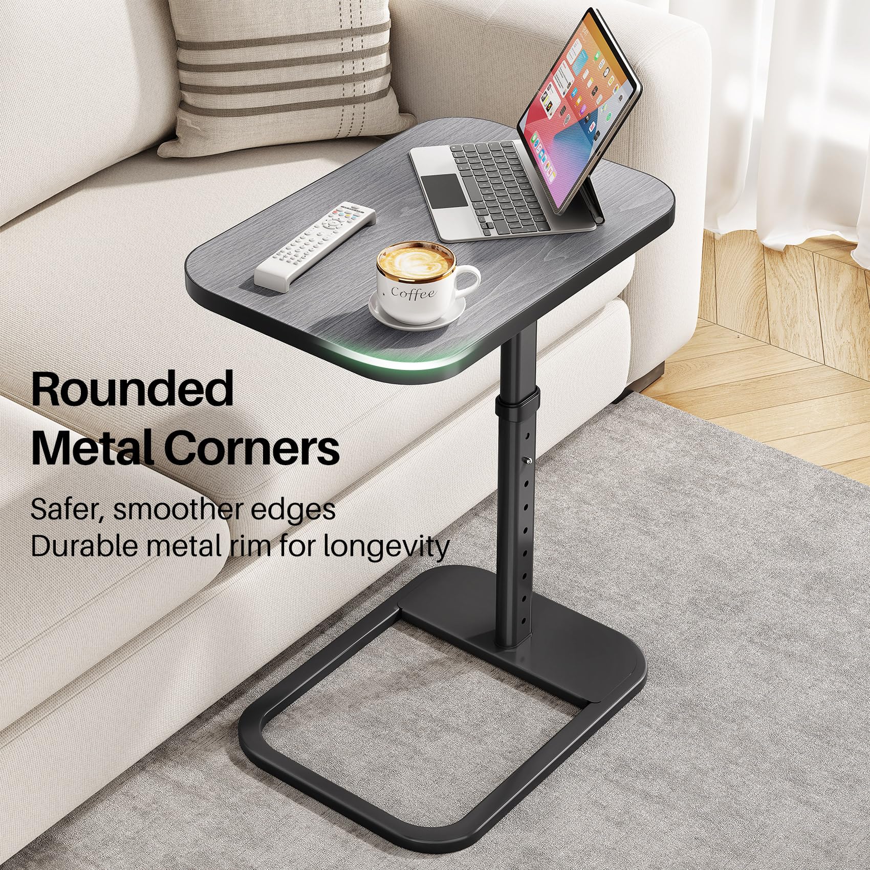 Kitstorack TV Tray Table, Adjustable Height & Rounded Metal Corners, Snack Table for Couch, Sofa, Bed, Chair, Living Room, C Shaped End Side Table for Eating, Dinner or Laptop, Small Spaces, Black