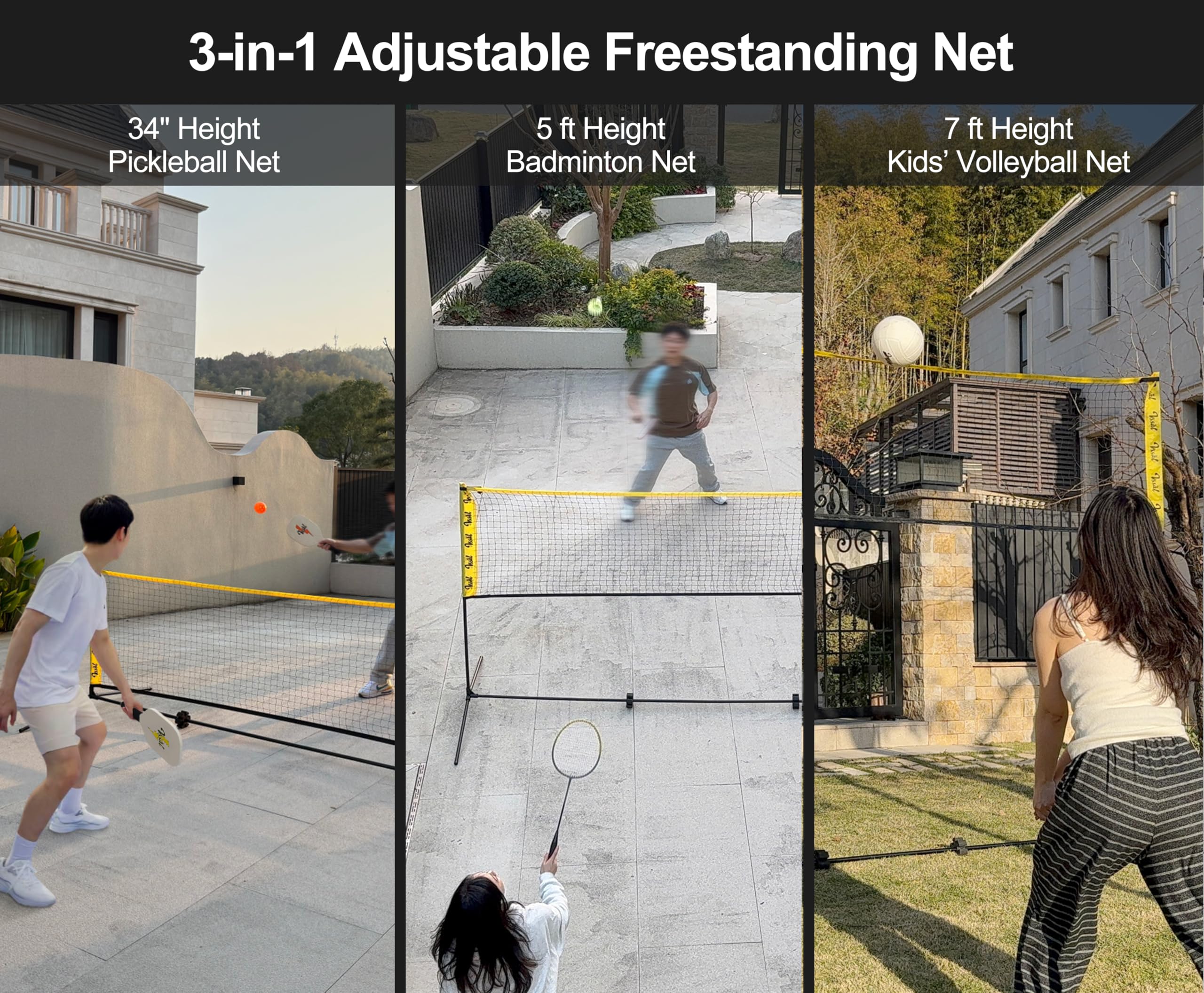 3-in-1 Portable Badminton, Volleyball & Pickleball Net Set for Adults, Adjustable Height 34"–7 ft for Backyards or Beach, Outdoor Sports Combo with Carry Bag, Rackets, Paddles & Balls
