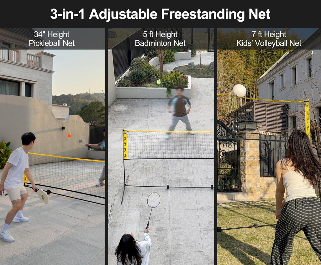 3-in-1 Portable Badminton, Volleyball & Pickleball Net Set for Adults, Adjustable Height 34"–7 ft for Backyards or Beach, Outdoor Sports Combo with Carry Bag, Rackets, Paddles & Balls