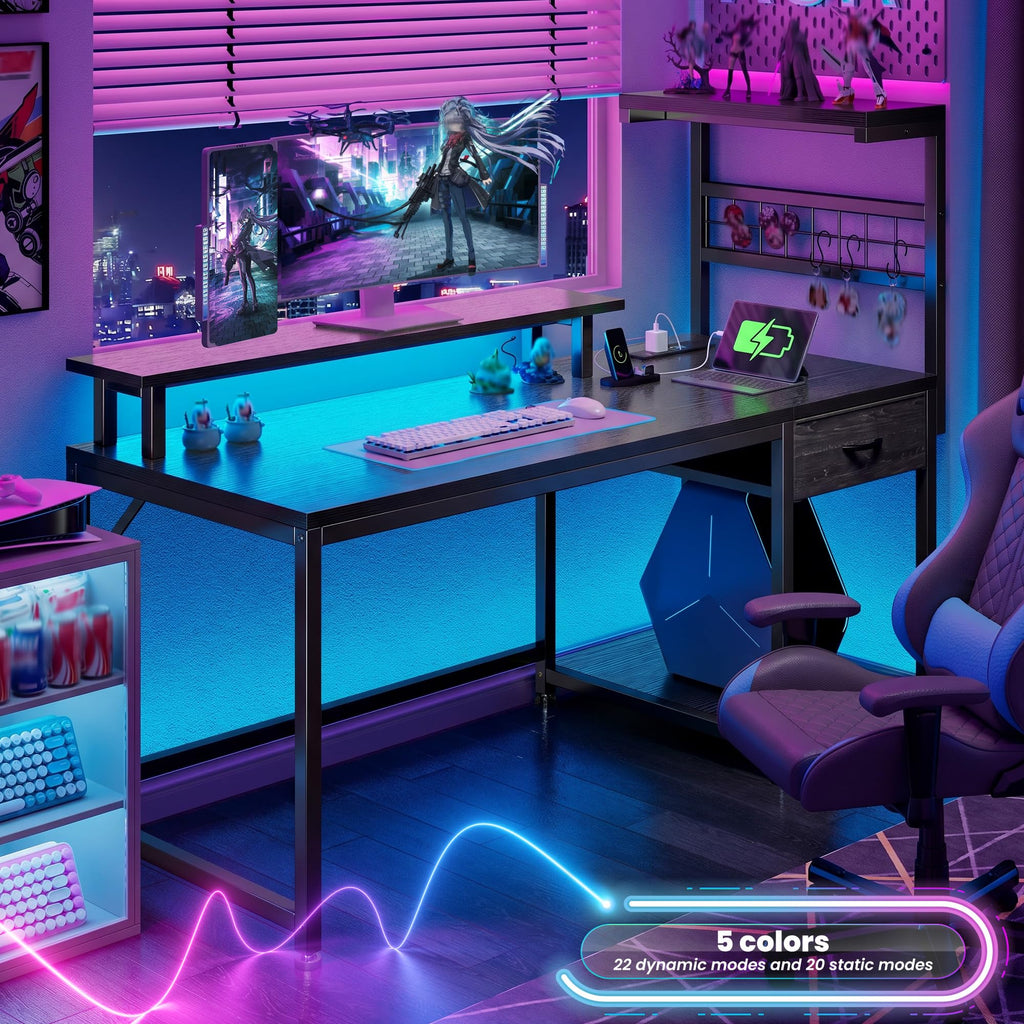 EnHomee 40" Gaming Desk with Power Outlets & LED Lights, Computer Desk with Drawer & Storage Shelve, Home Office Desk with Monitor Stand for Living Room, Study Room, Gaming Room, Black