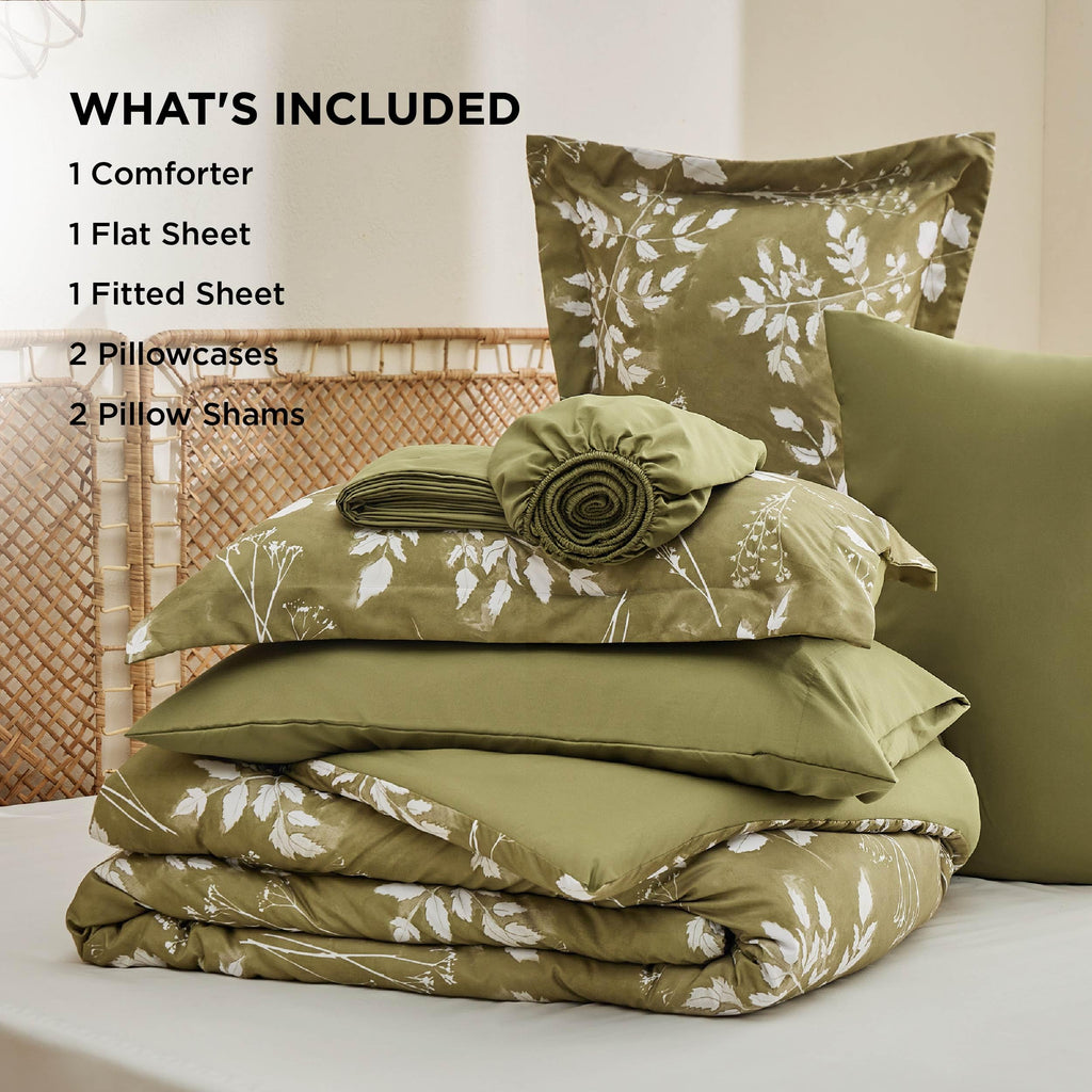 Bedsure Twin Comforter Set - 5 Pieces Floral Sage Green Soft Bedding Sets, Twin Bed in a Bag with Botanical Flowers Comforter, Sheets, Pillowcase & Sham