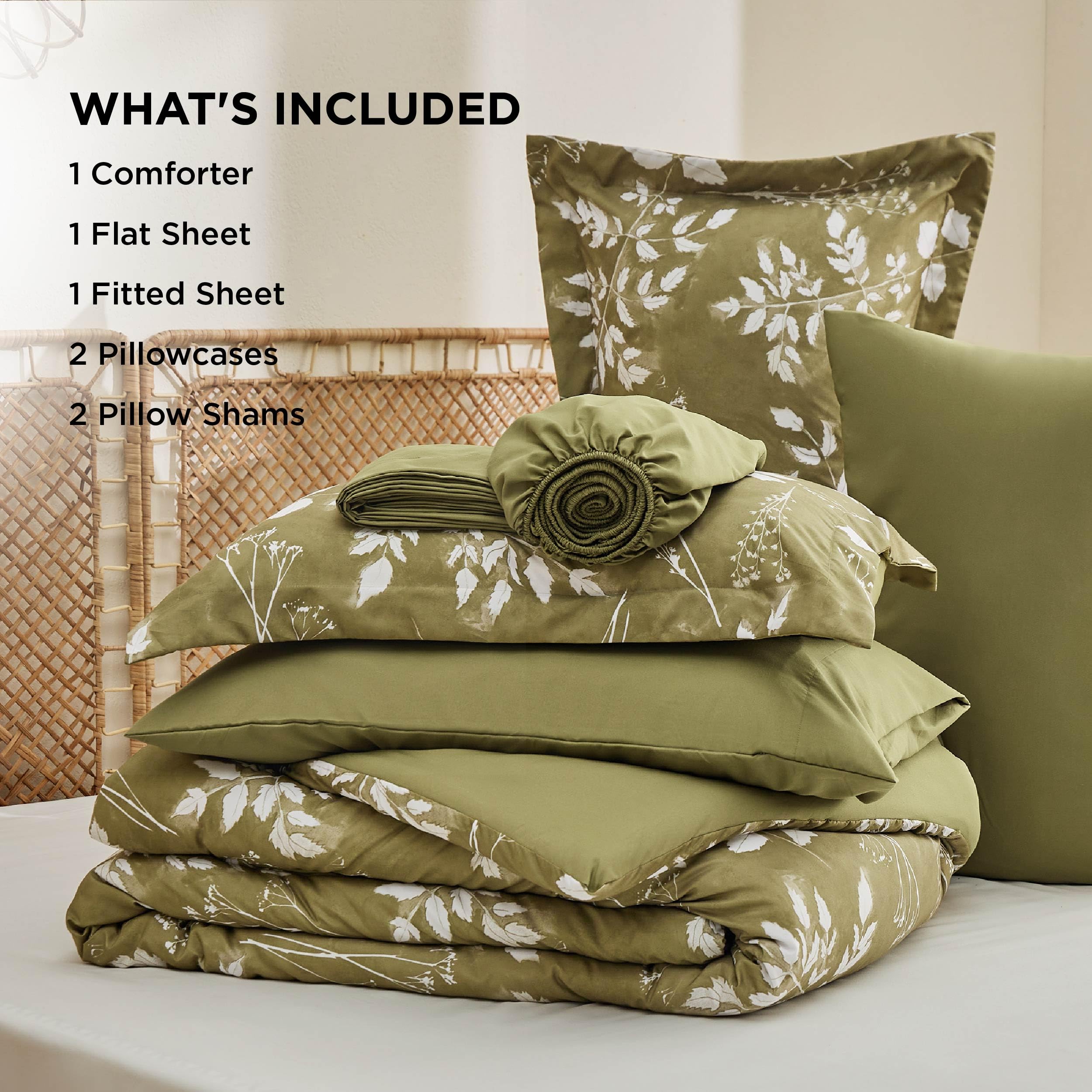 Bedsure Twin Comforter Set - 5 Pieces Floral Sage Green Soft Bedding Sets, Twin Bed in a Bag with Botanical Flowers Comforter, Sheets, Pillowcase & Sham