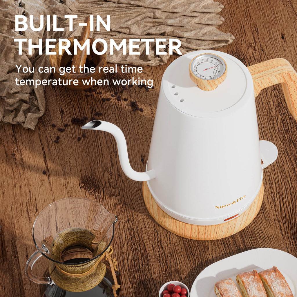 Nueve&Five Gooseneck Electric Kettle with Thermometer， Black Electric Kettle 1L with Auto Shut-Off，1000W Hot Water Kettle of Stainless Steel， Pour Over Kettle for Coffee & Tea