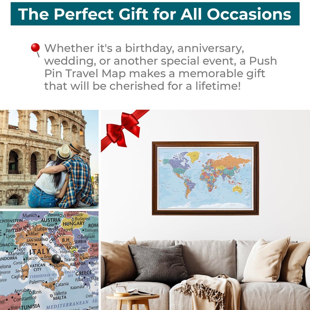 Personalized Canvas Rolled Poster World Map Wall Art with Pins – Large 24" x 36" Blue Oceans Map of the World – Push Pin Travel Decor for Home or Office