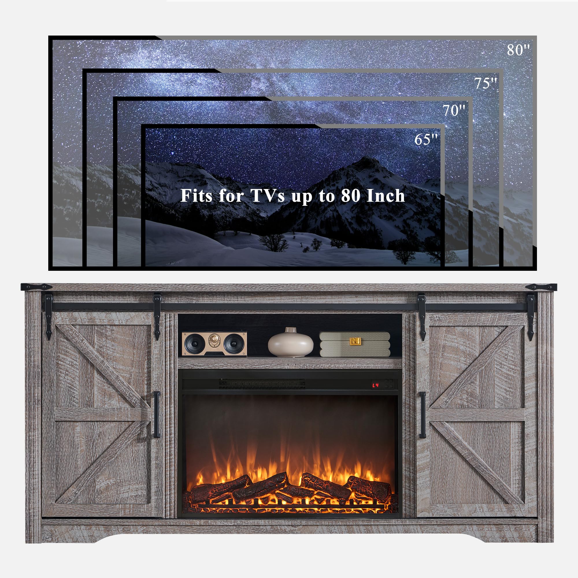 JXQTLINGMU Farmhouse TV Stand for 75+ Inch TV, 32" Tall Entertainment Center w/4 Drawers & Sliding Barn Door, Rustic Media Console w/Storage Shelves, 66" Wood Television Stand for Living Room, Black