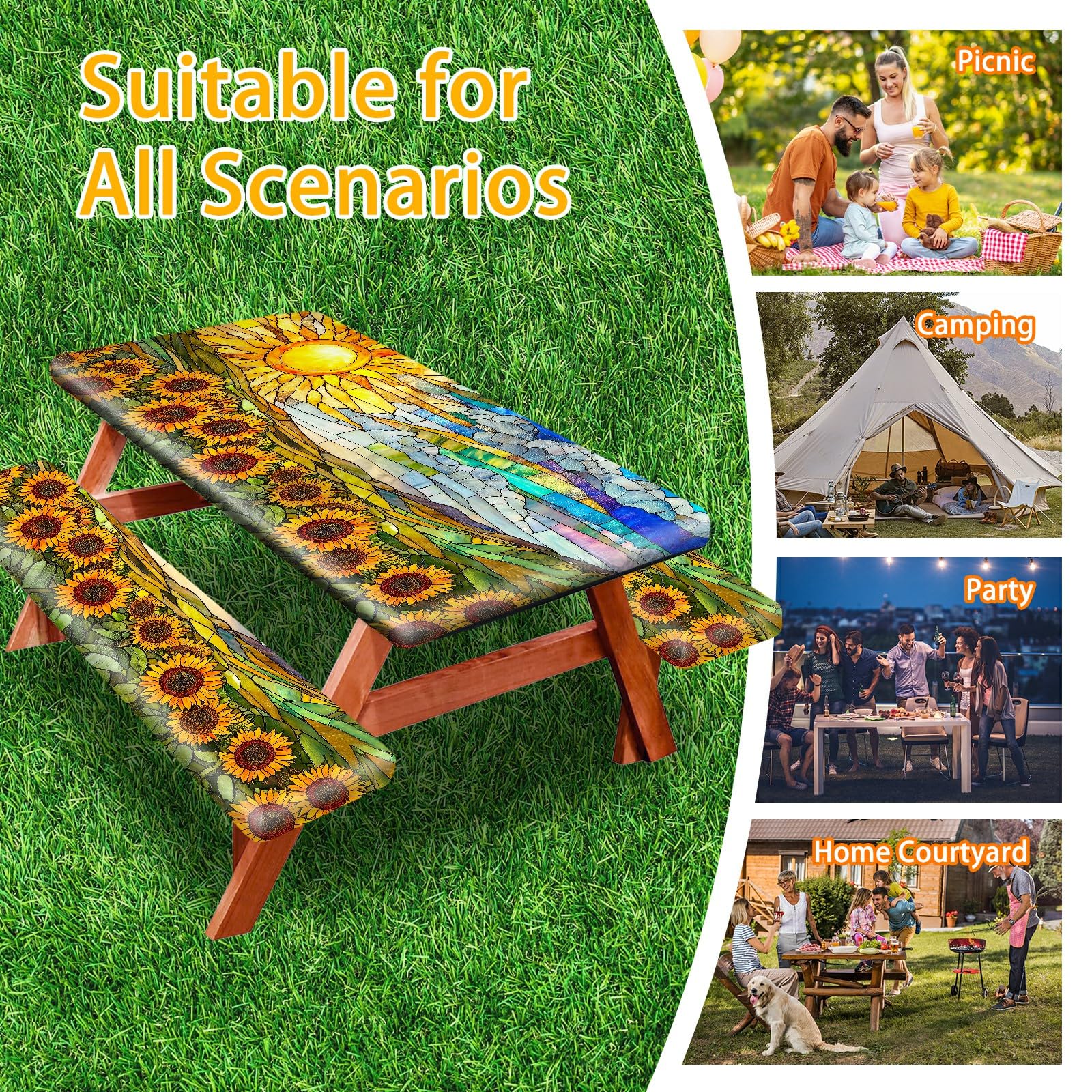 Park Picnic Table Cover with Bench Covers Lightweight Camping Essentials, Oil-Proof Waterproof 3PCS Tablecloth with Elastic, Fitted for Table 6FT Rectangle and Seats, American Flag Eagle (72x30in)