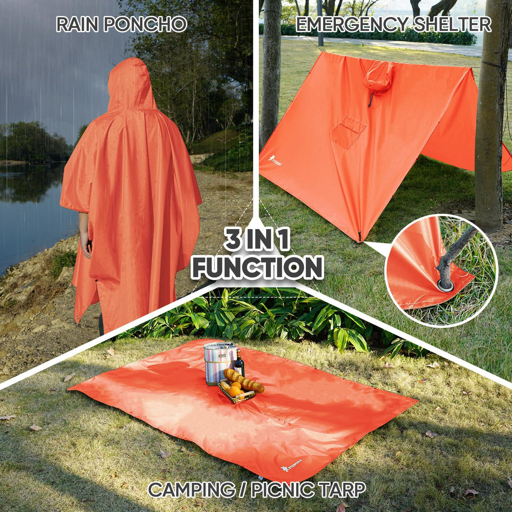 PTEROMY 3-in-1 Hooded Rain Poncho for Adult with Pocket, Waterproof Lightweight Unisex Raincoat for Hiking Camping Emergency