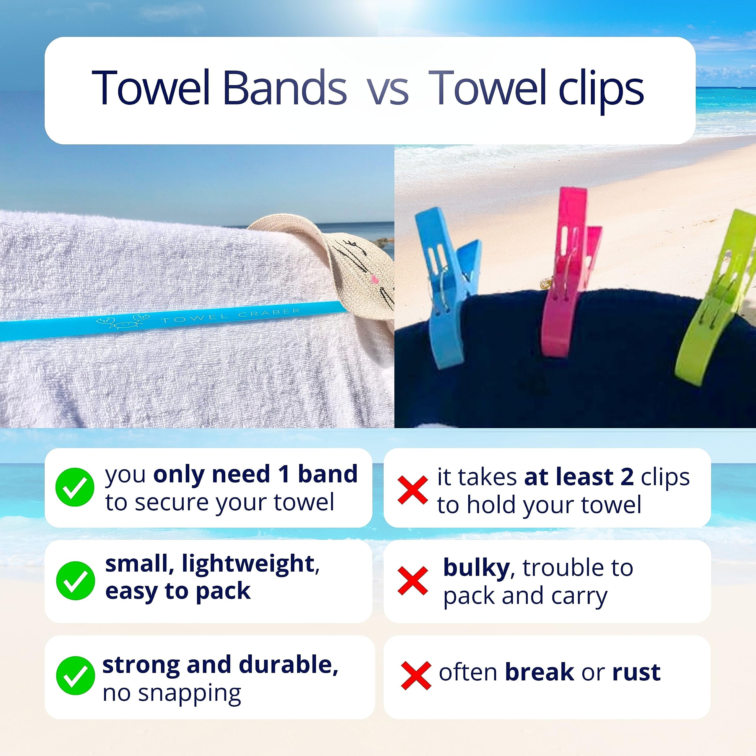 Towel Crabber Towel Bands (6-Pack), Beach Pool & Cruise Chairs, Extra Durable, Cruise Ship & Beach Essentials, Alternative to Beach Towel Clips (3 Regular + 3 Glow in The Dark)